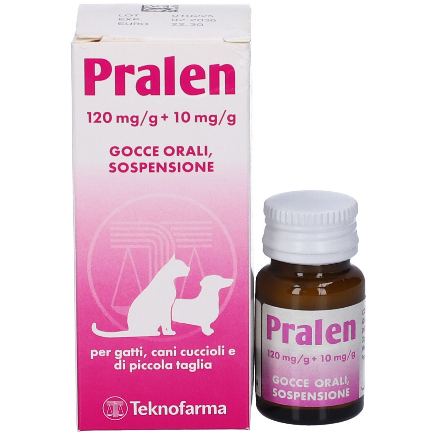 Confezione e flacone. Confezione con testo rosa: Pralen, 120 mg/g + 10 mg/g, Gocce Orali, Sospensione. Silhouette animali. Logo Teknofarma.