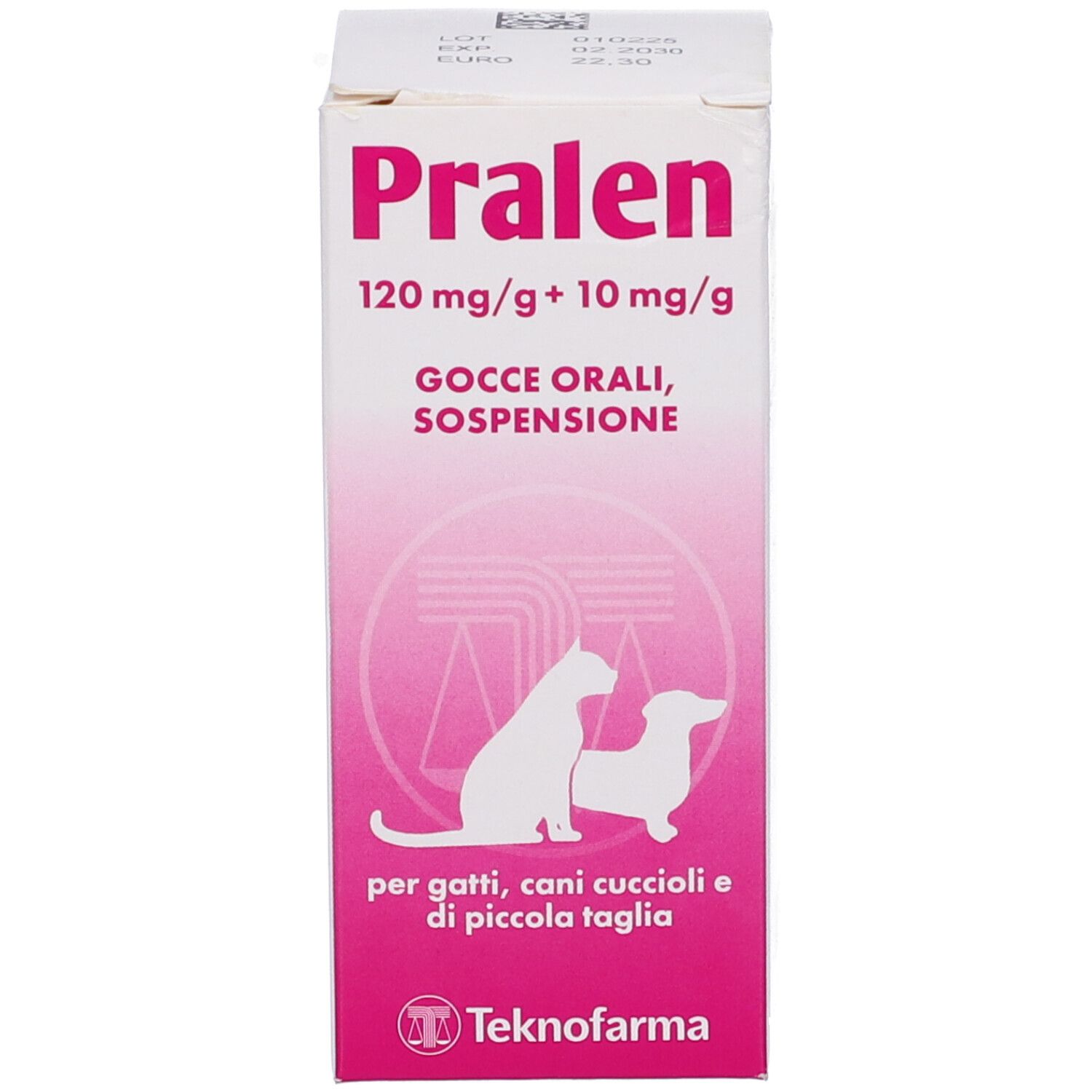 Confezione del prodotto. Confezione con testo rosa: Pralen, 120 mg/g + 10 mg/g, Gocce Orali, Sospensione. Silhouette animali. Logo Teknofarma.