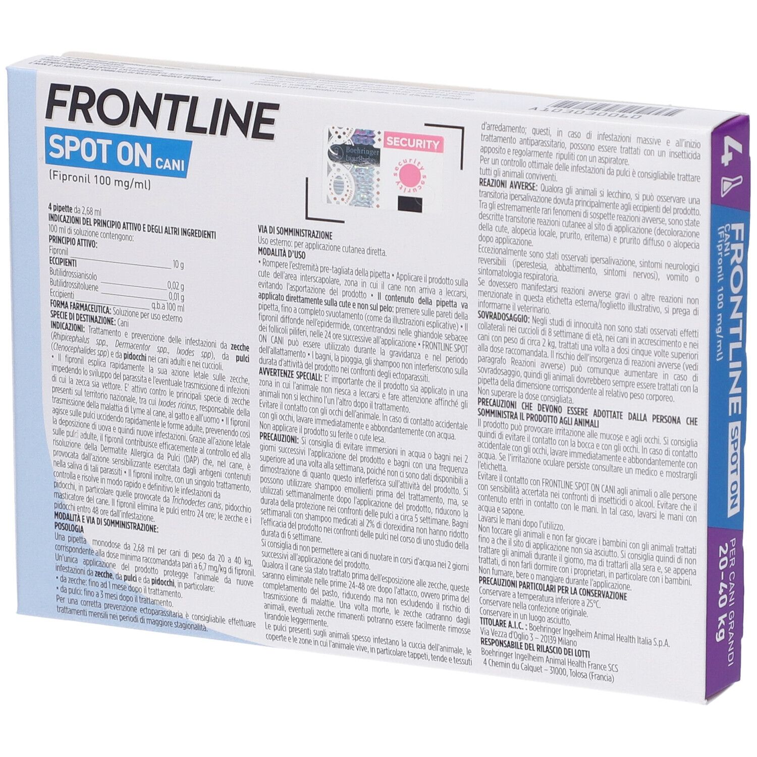 Frontline Spot On Cani x4 Pipette, Antiparassitario Per Cani (20-40Kg) Contro Pulci, Zecche E Pidocchi