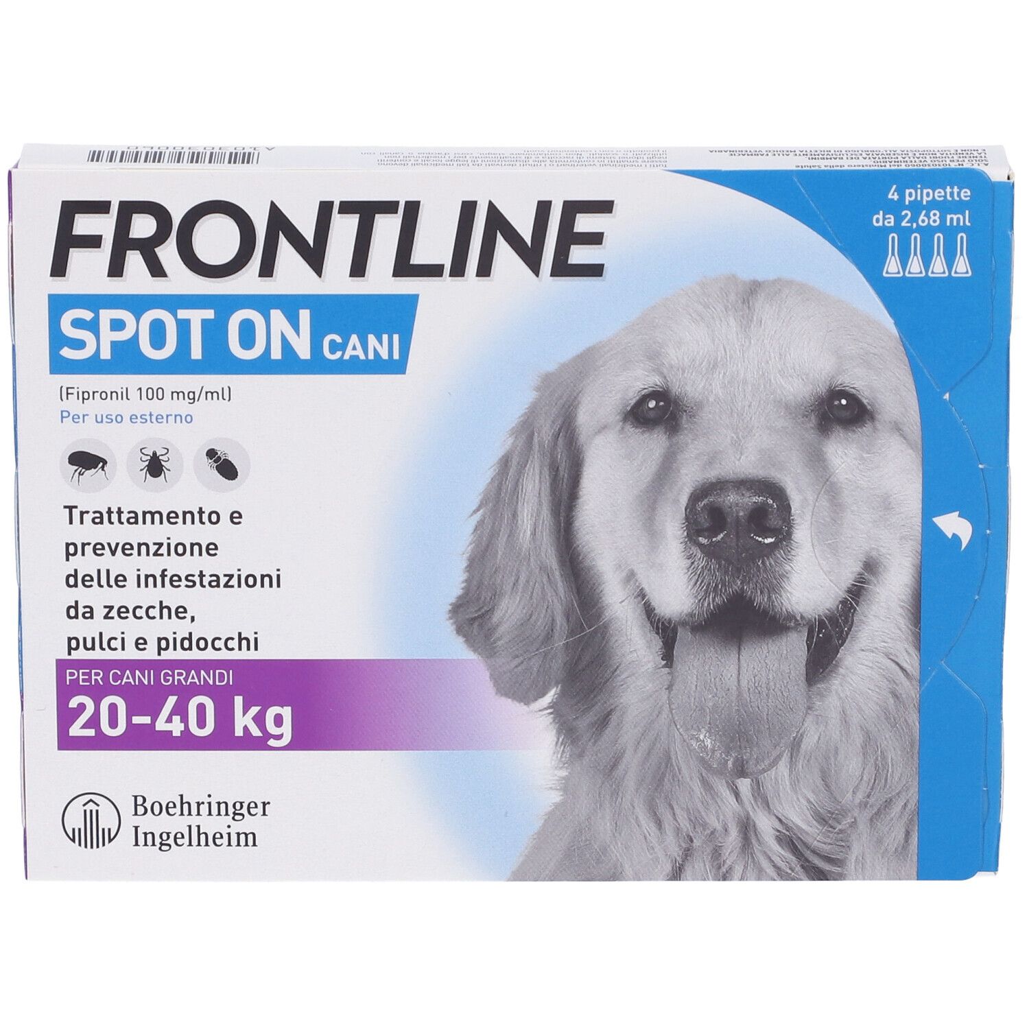Frontline Spot On Cani x4 Pipette, Antiparassitario Per Cani (20-40Kg) Contro Pulci, Zecche E Pidocchi