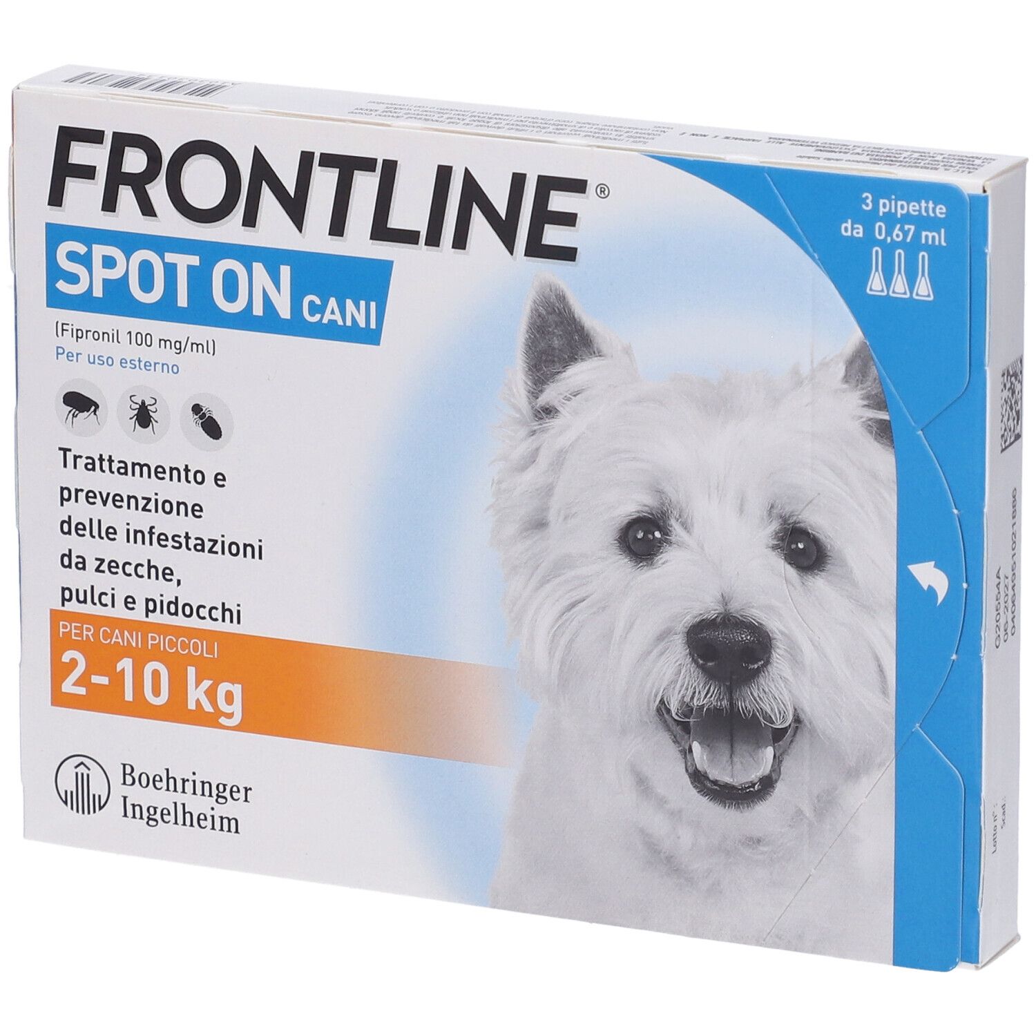 Confezione FRONTLINE SPOT-ON CANI. 3 pipette, 0,67 ml. Per cani 2-10 kg. Foto di cane.