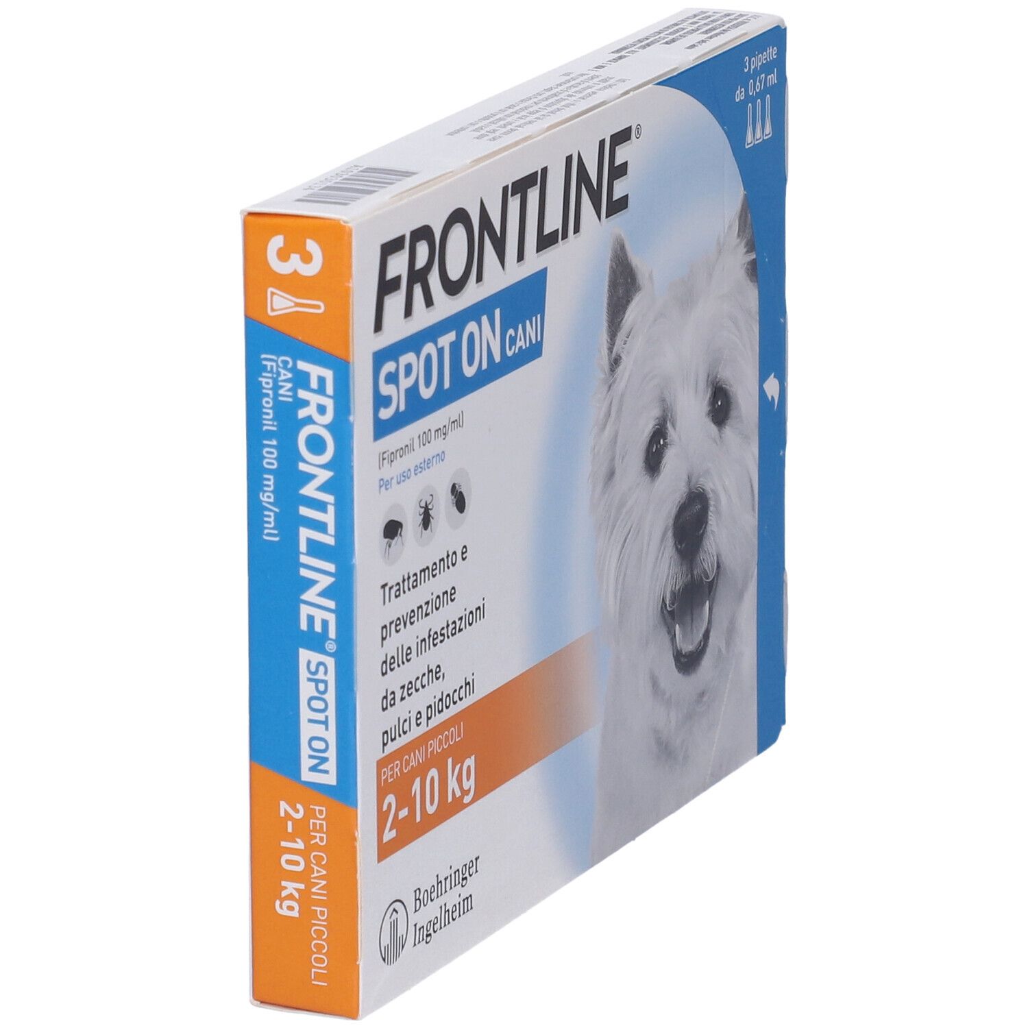Confezione FRONTLINE SPOT-ON CANI. 3 pipette. Per cani 2-10 kg. Vista laterale.