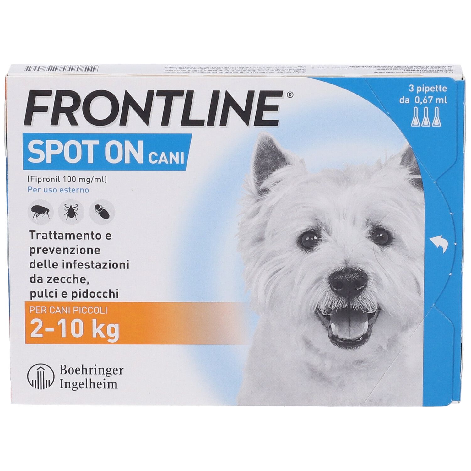 Confezione FRONTLINE SPOT-ON CANI. 3 pipette. Per cani 2-10 kg. Foto di cane.