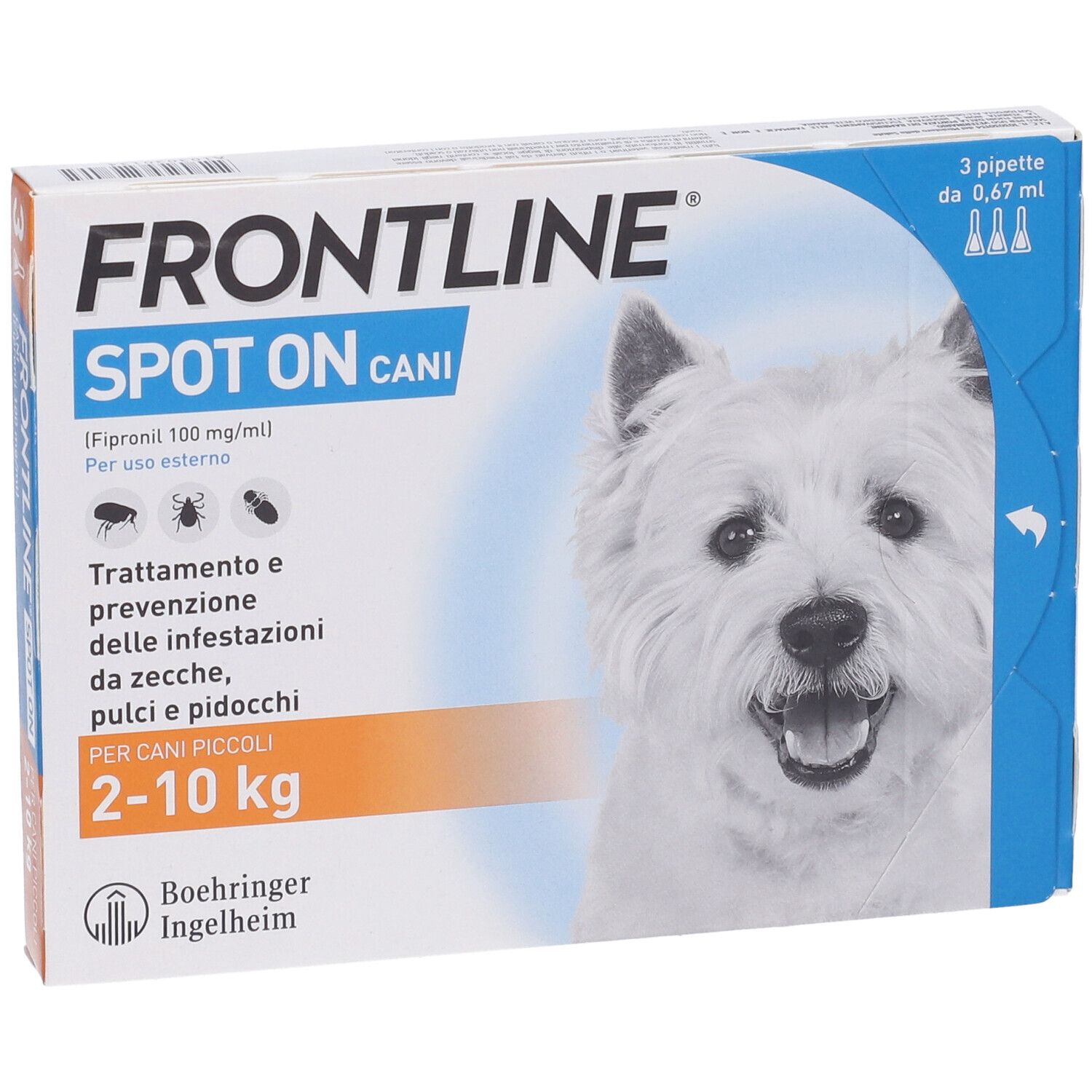 Confezione FRONTLINE SPOT-ON CANI. 3 pipette. Per cani 2-10 kg. Foto di cane.