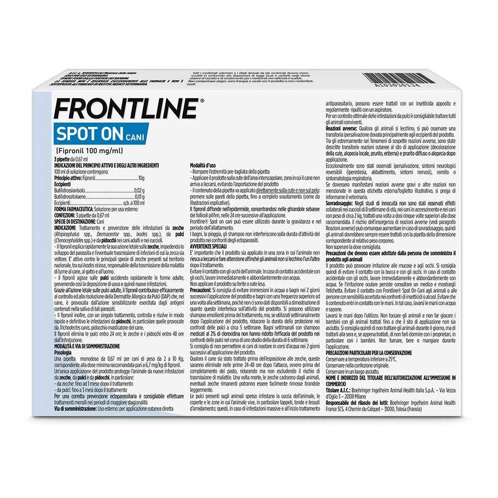 Retro della confezione FRONTLINE SPOT-ON CANI. Informazioni testuali e ingredienti.