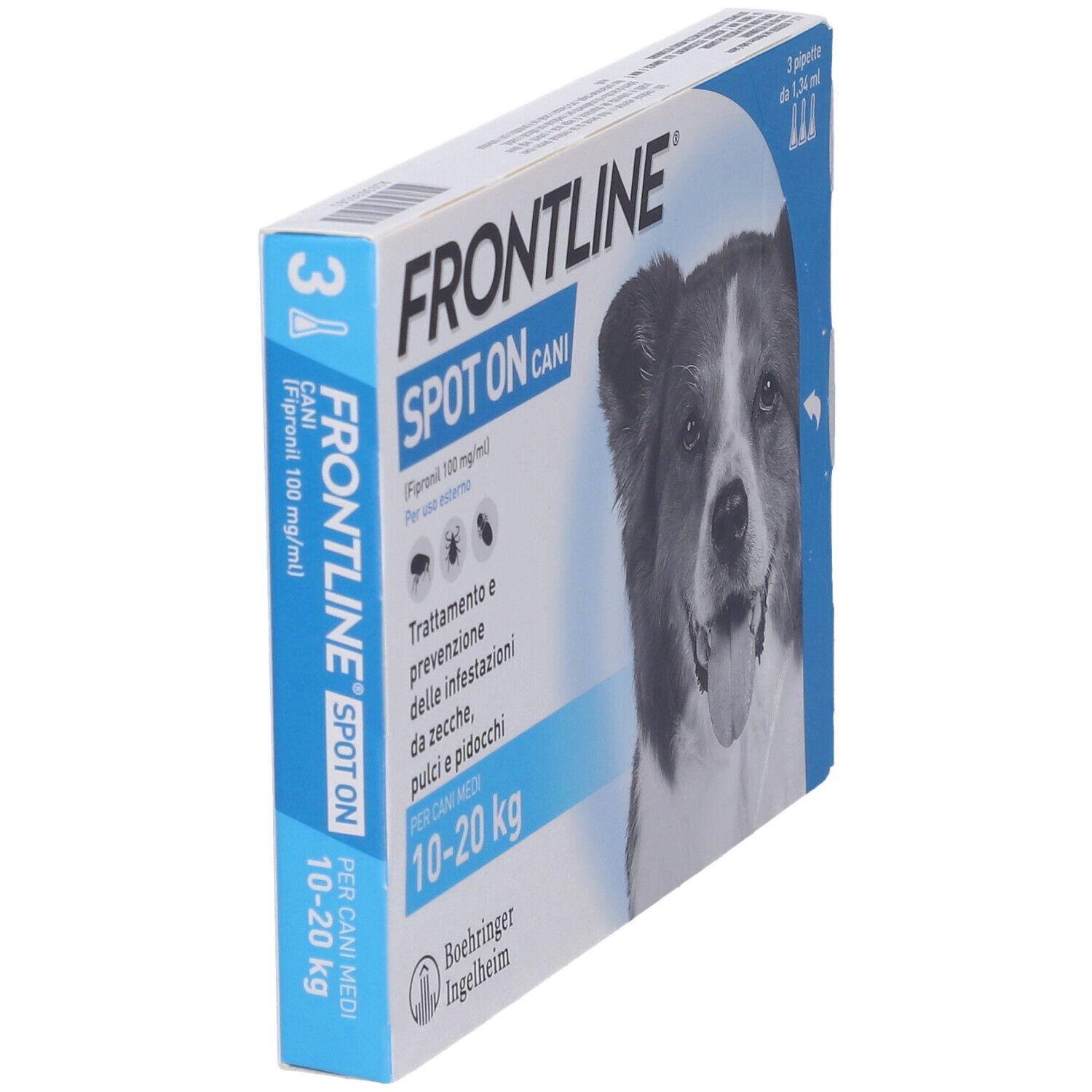 Confezione FRONTLINE SPOT ON CANI. Contiene 3 pipette. Vista laterale. Per cani 10-20 kg.