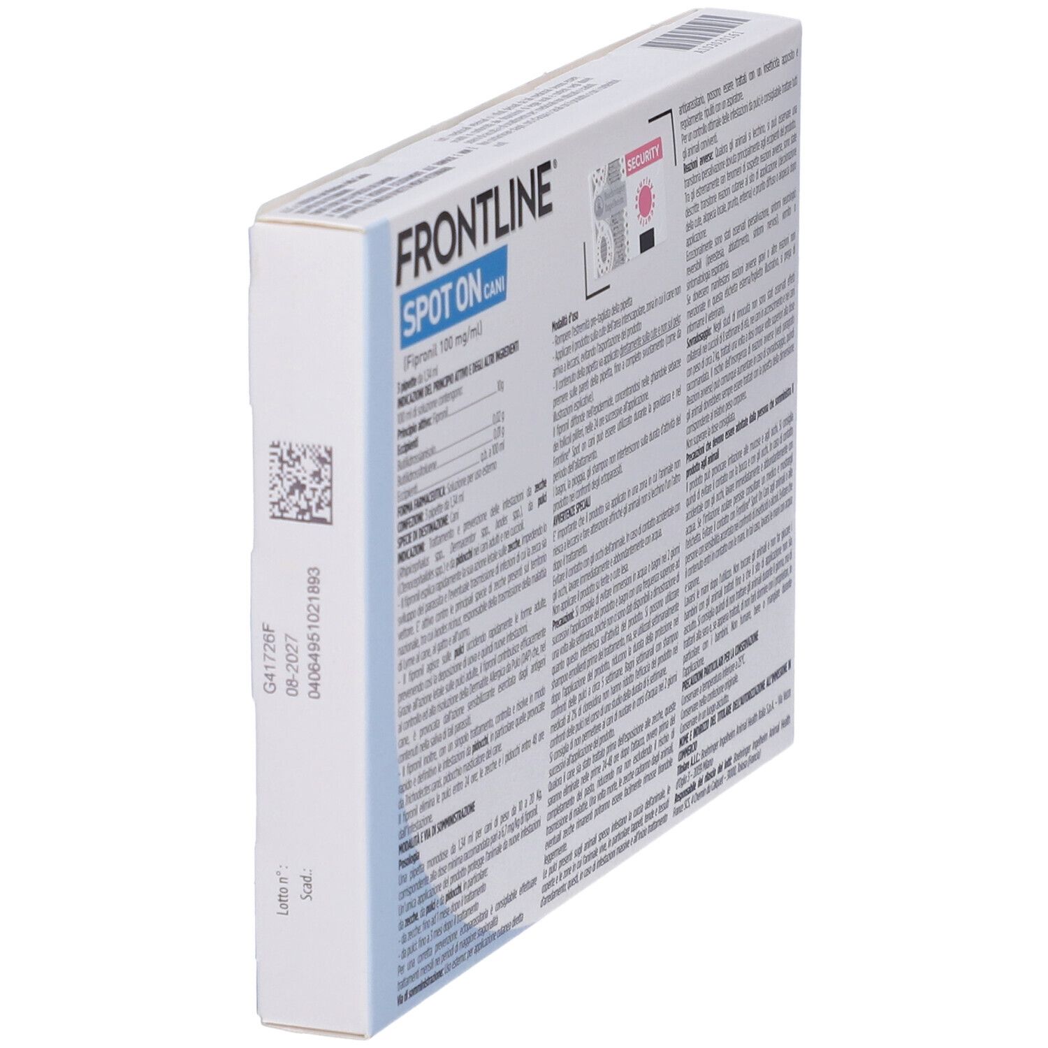 Retro confezione FRONTLINE SPOT ON CANI. Informazioni testuali e ingredienti. Produttore: Boehringer Ingelheim.