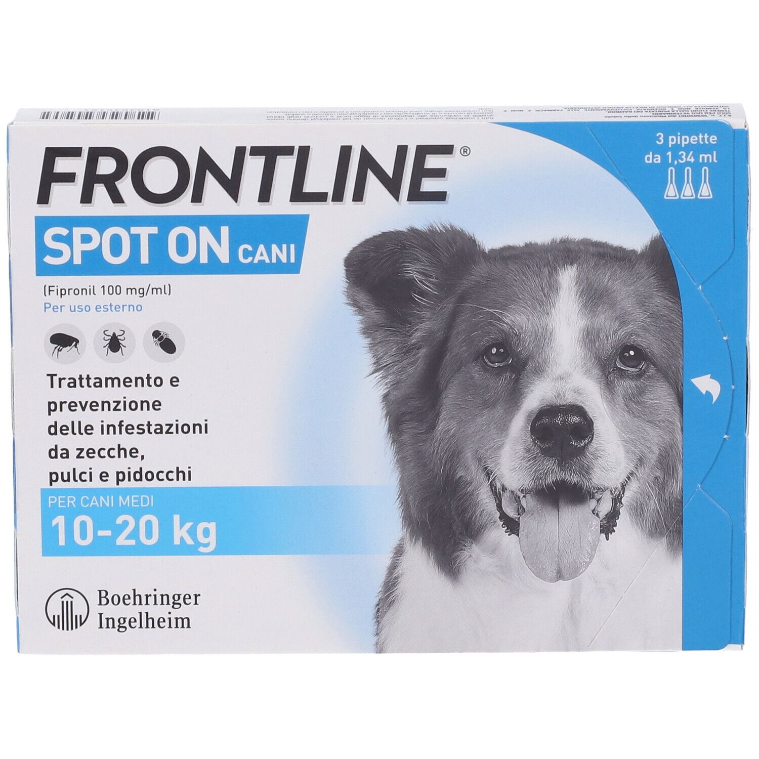 Scatola FRONTLINE SPOT ON CANI. Contiene 3 pipette per cani 10-20 kg. Immagine di un cane.