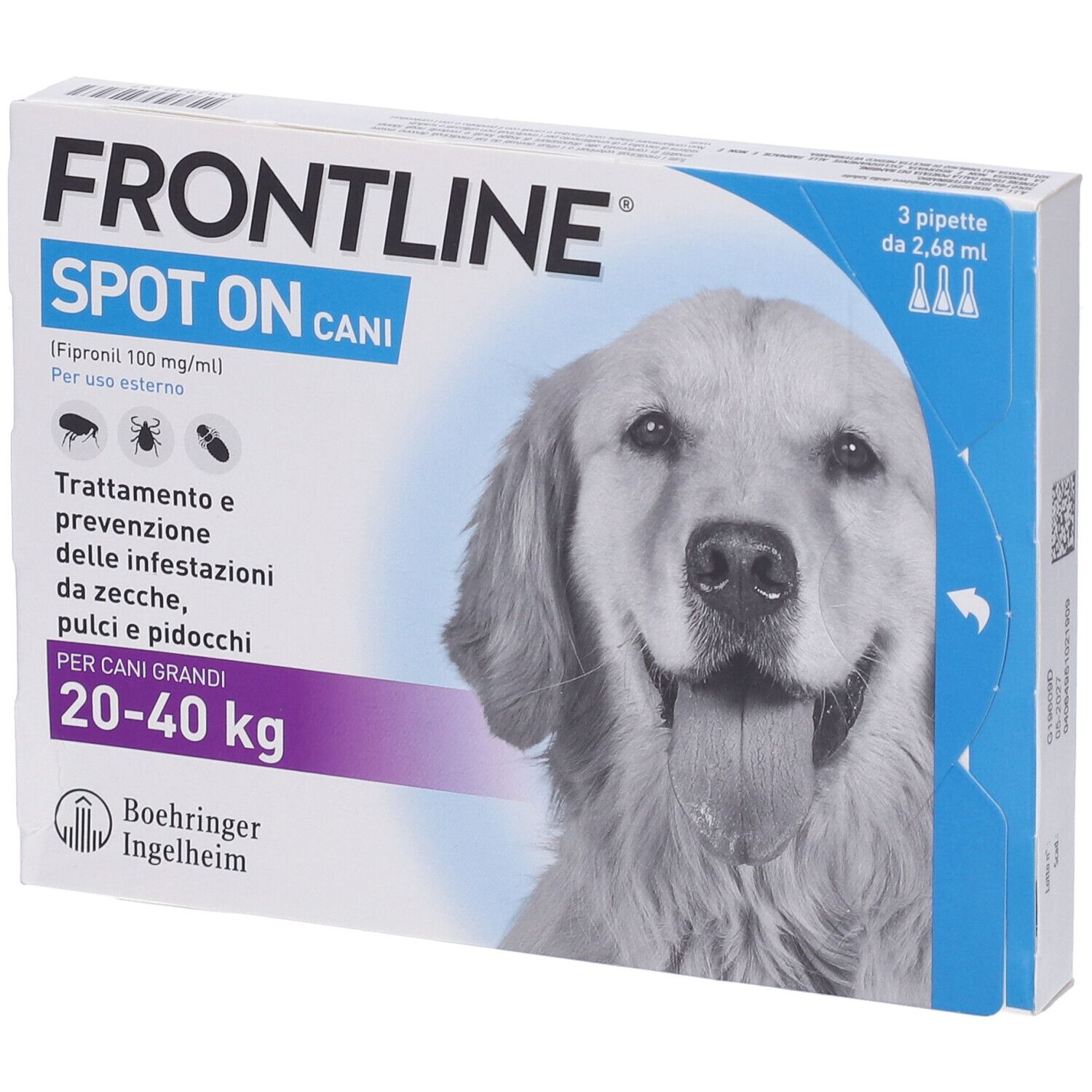 Confezione FRONTLINE SPOT-ON CANI. 3 pipette per cani 20-40 kg. Immagine di un cane.