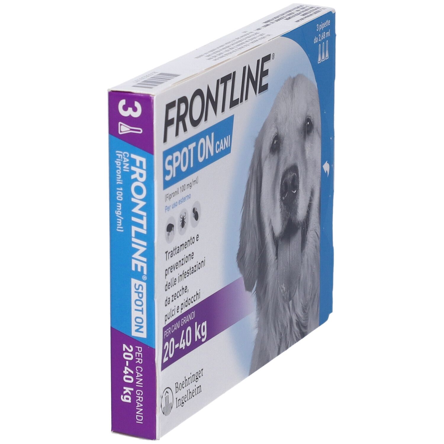 Confezione FRONTLINE SPOT-ON CANI, vista laterale. 3 pipette per cani 20-40 kg.