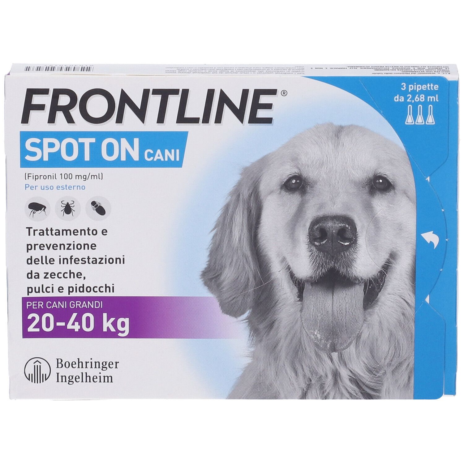 Confezione FRONTLINE SPOT-ON CANI. 3 pipette per cani 20-40 kg. Immagine di un cane.