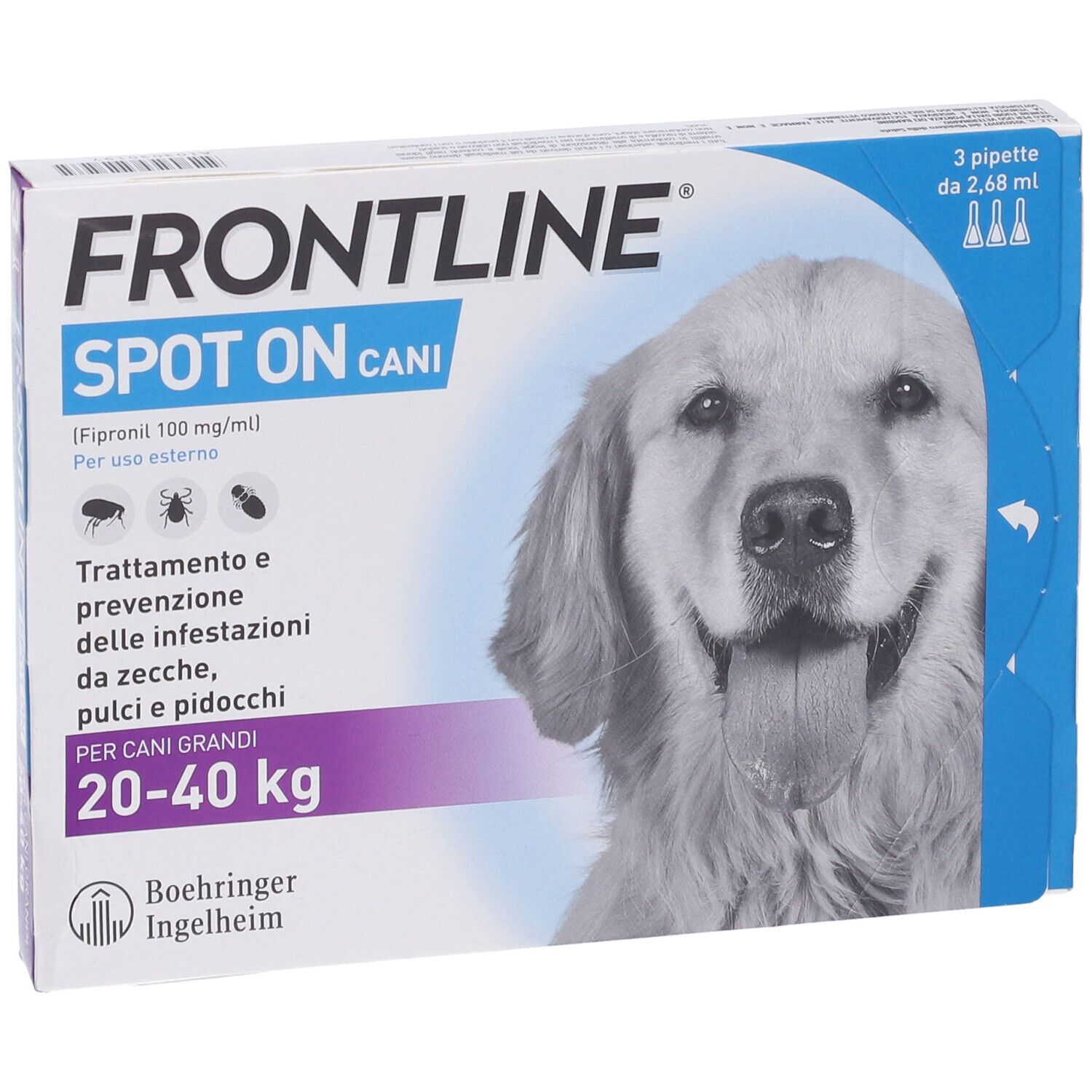 Confezione FRONTLINE SPOT-ON CANI. 3 pipette per cani 20-40 kg. Immagine di un cane.