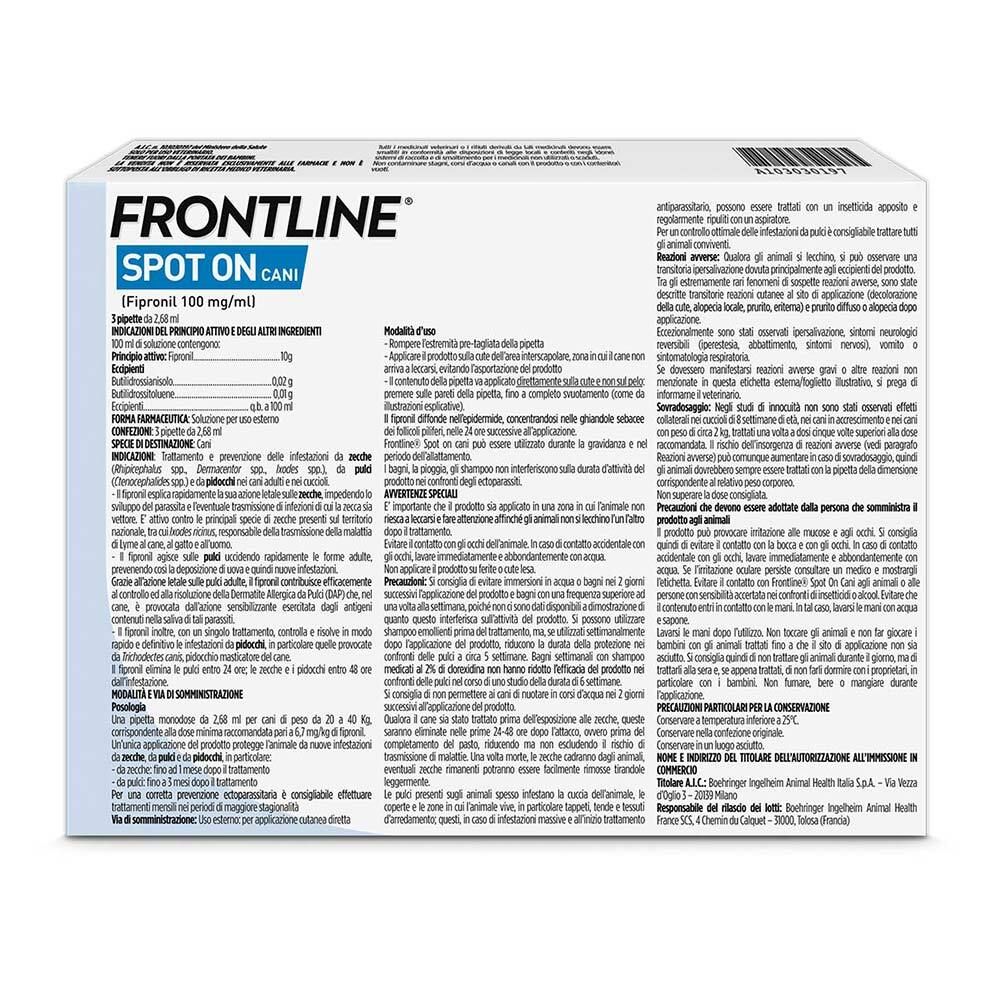Retro della confezione FRONTLINE SPOT-ON CANI. Contiene informazioni e ingredienti.