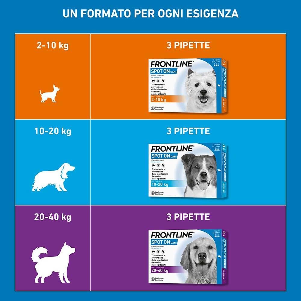 Confronto delle dimensioni del prodotto per cani. 3 confezioni per diverse classi di peso.