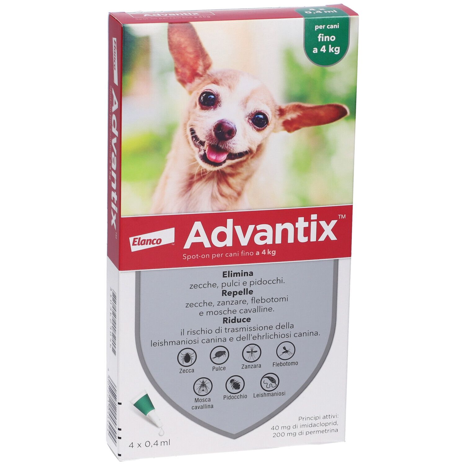 Confezione di Advantix Spot-on per cani fino a 4 kg. Contiene 4 pipette. Immagine di un cane sulla confezione.