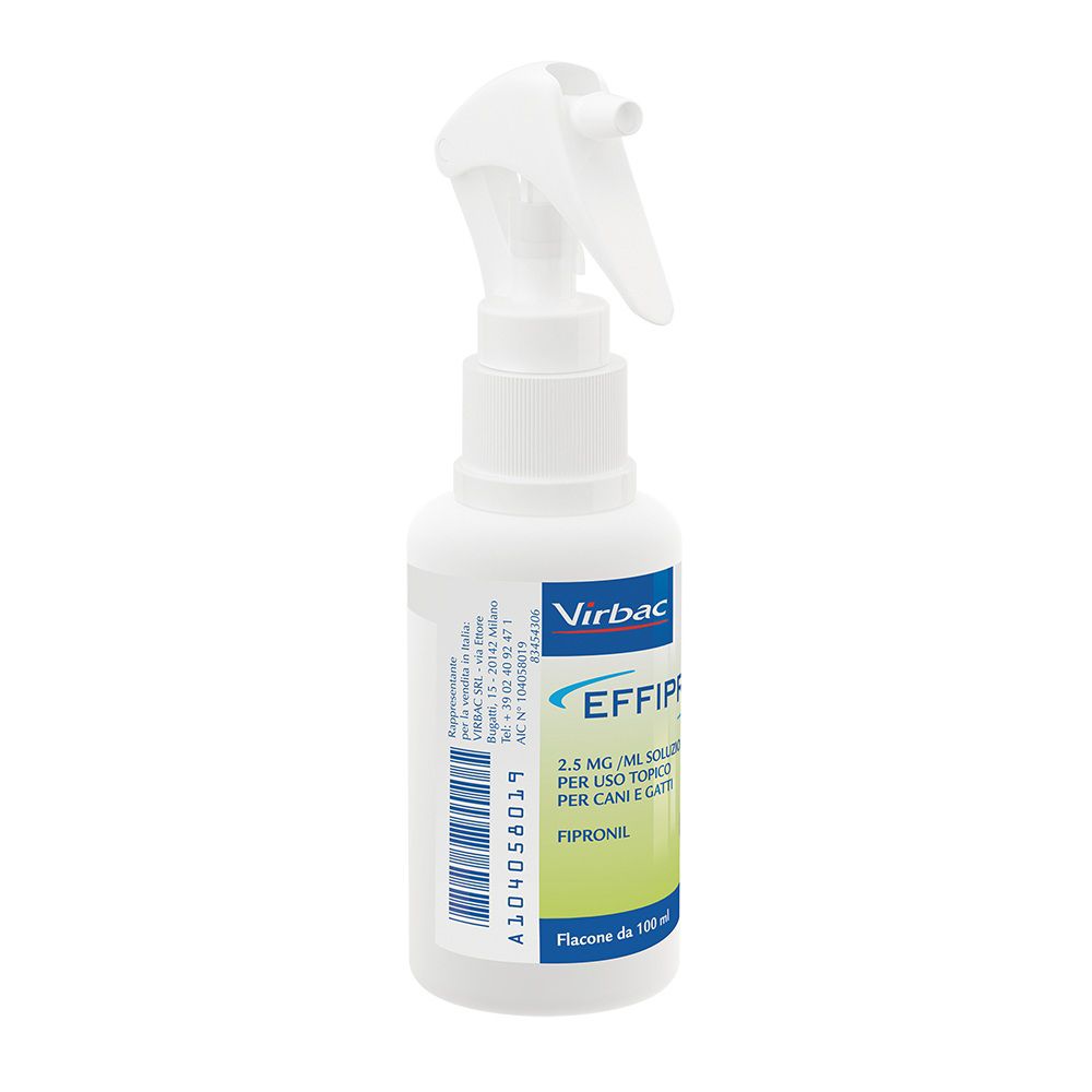 Flacone spray bianco con etichetta EFFIPRO. Soluzione 2,5 mg/ml per cani e gatti. Marchio Virbac.