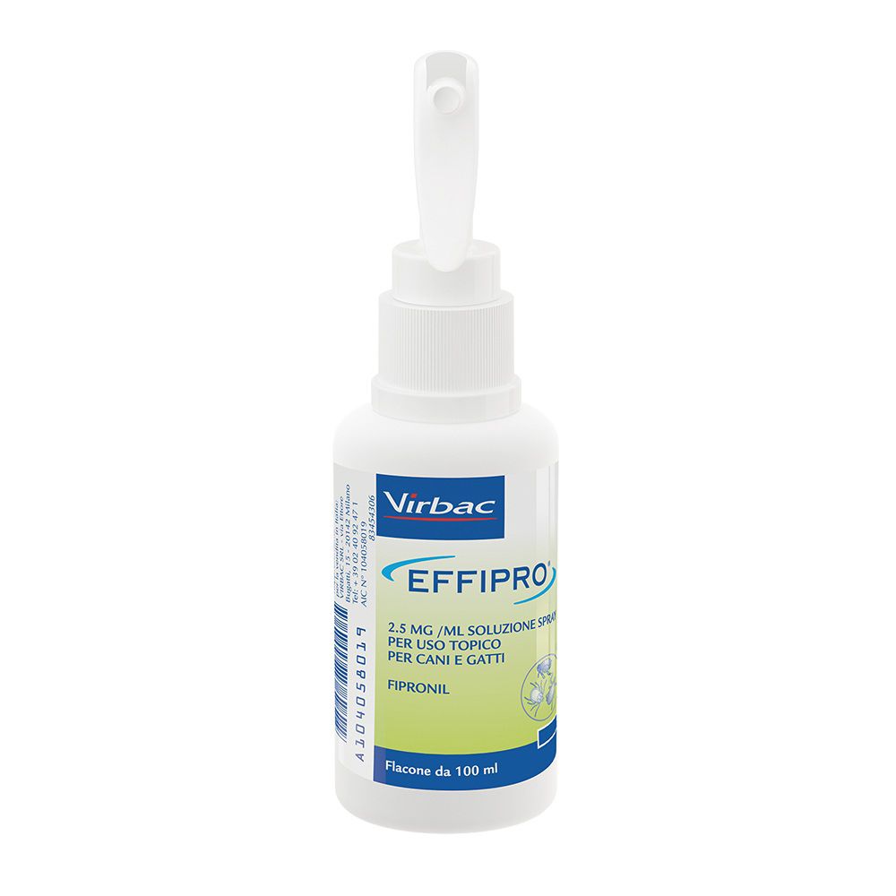 Flacone spray bianco con etichetta EFFIPRO. Soluzione 2,5 mg/ml per cani e gatti. Marchio Virbac.
