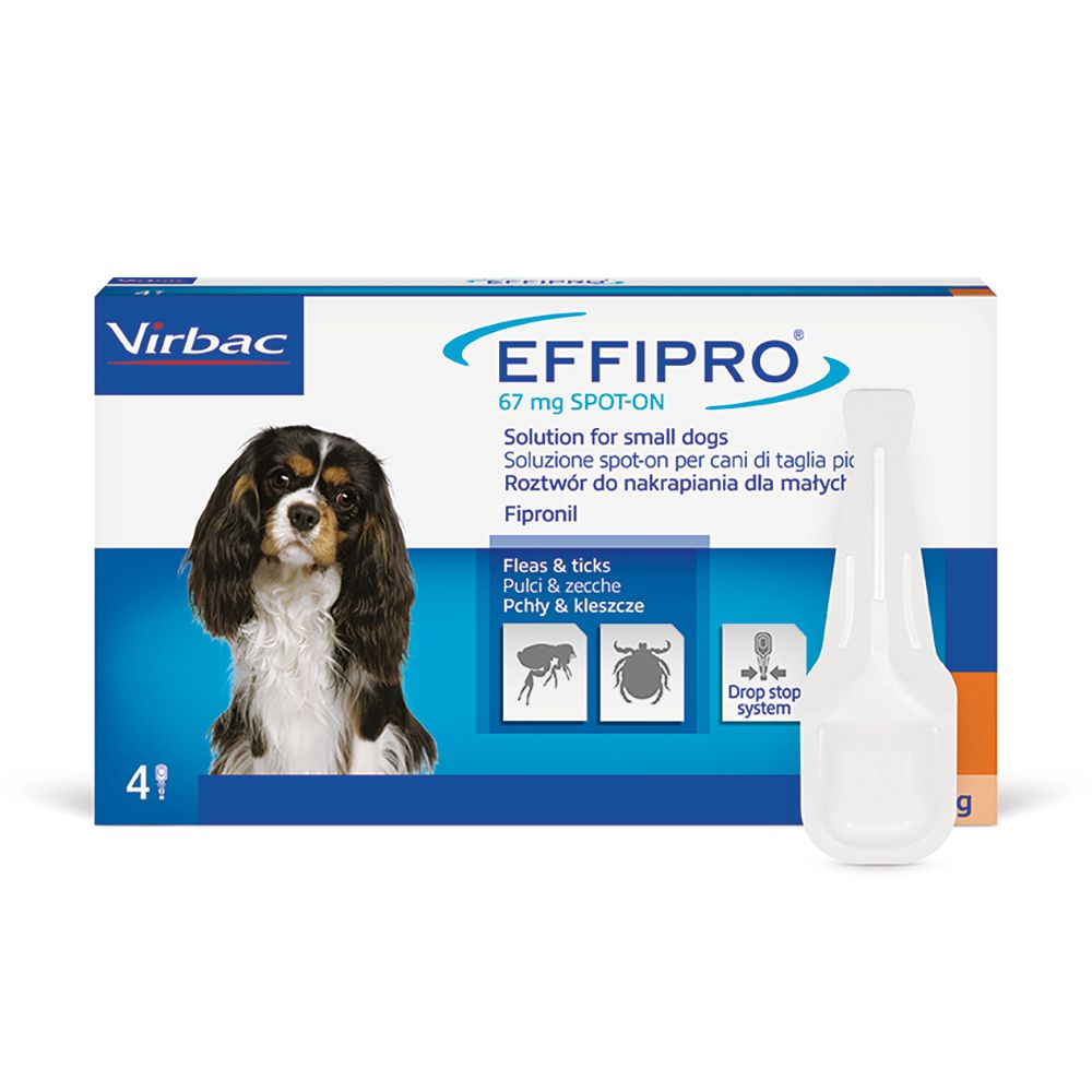 Confezione EFFIPRO Spot-on. Contiene 4 pipette. Per cani 2-10 kg. Contiene fipronil. Contro pulci e zecche.