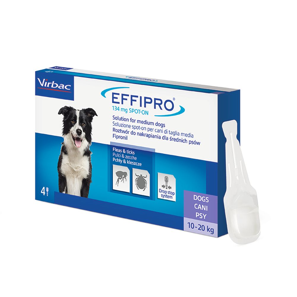 Confezione EFFIPRO spot-on con pipetta. Per cani 10-20 kg. Contiene 4 pipette. Immagine di un cane.