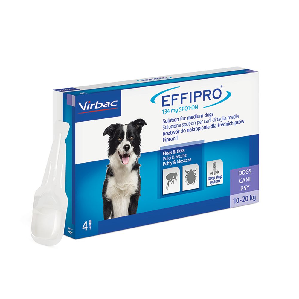 Confezione EFFIPRO spot-on con pipetta. Per cani 10-20 kg. Contiene 4 pipette. Immagine di un cane.