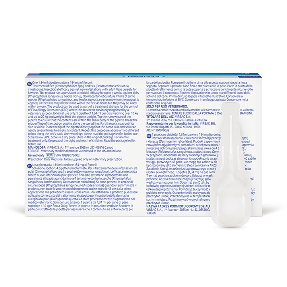 Retro della confezione EFFIPRO spot-on. Testo multilingue e una pipetta.