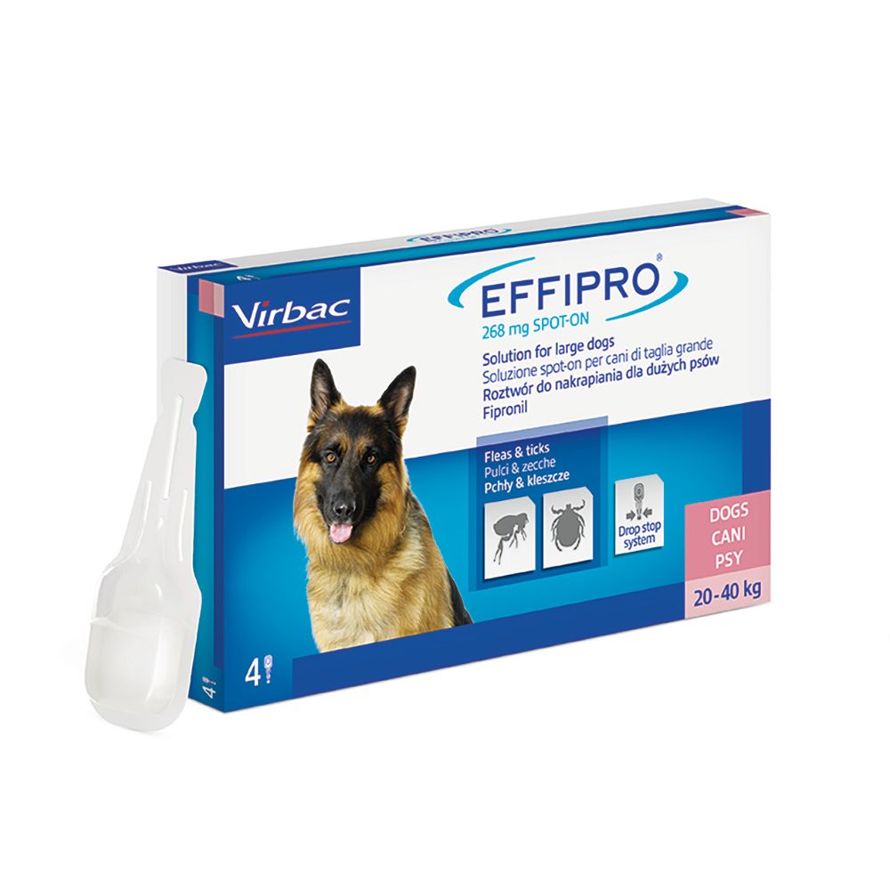 Confezione con pipetta. Testo: EFFIPRO, 268 mg SPOT-ON. Contiene 4 pipette. Per cani 20-40 kg.