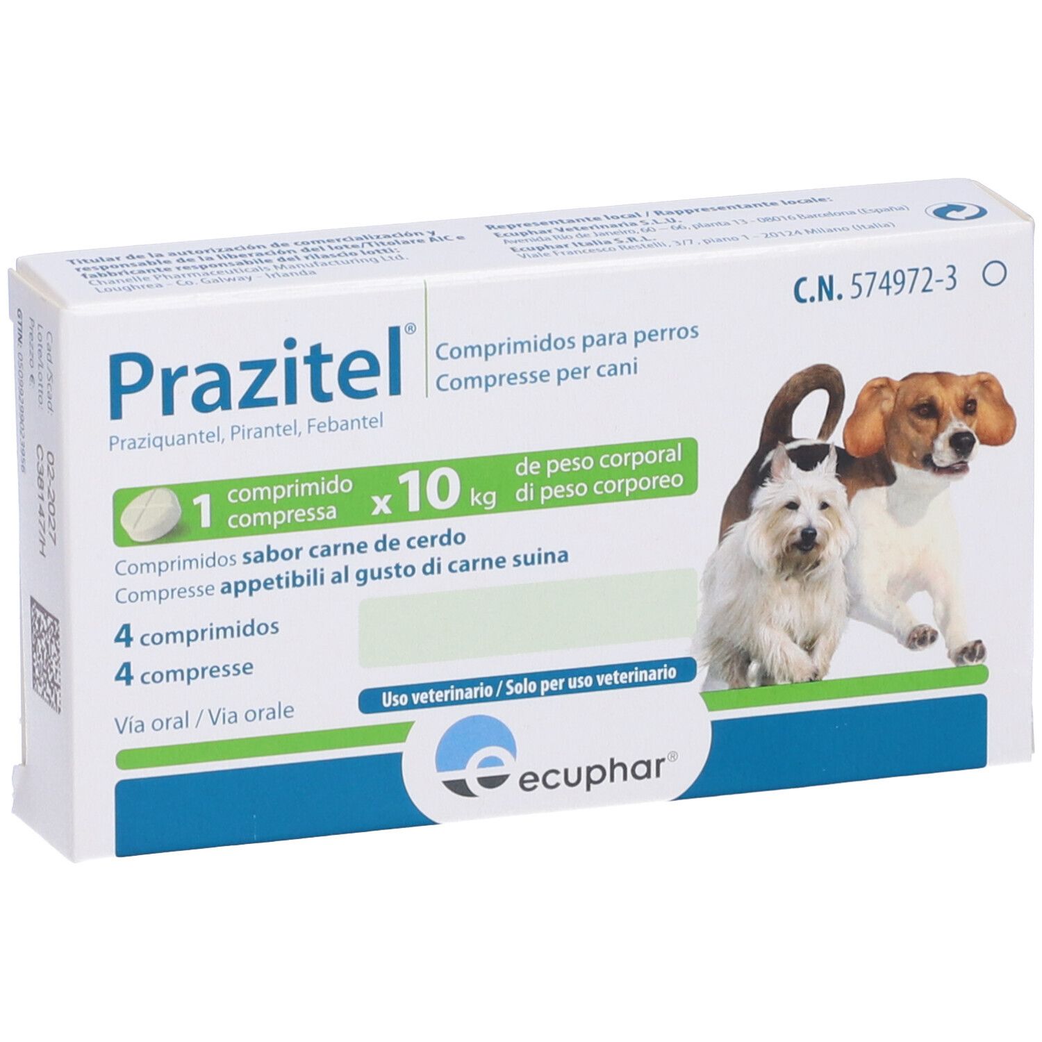 Confezione di Prazitel per cani. Contiene 4 compresse. Nome del prodotto e immagine di cani.