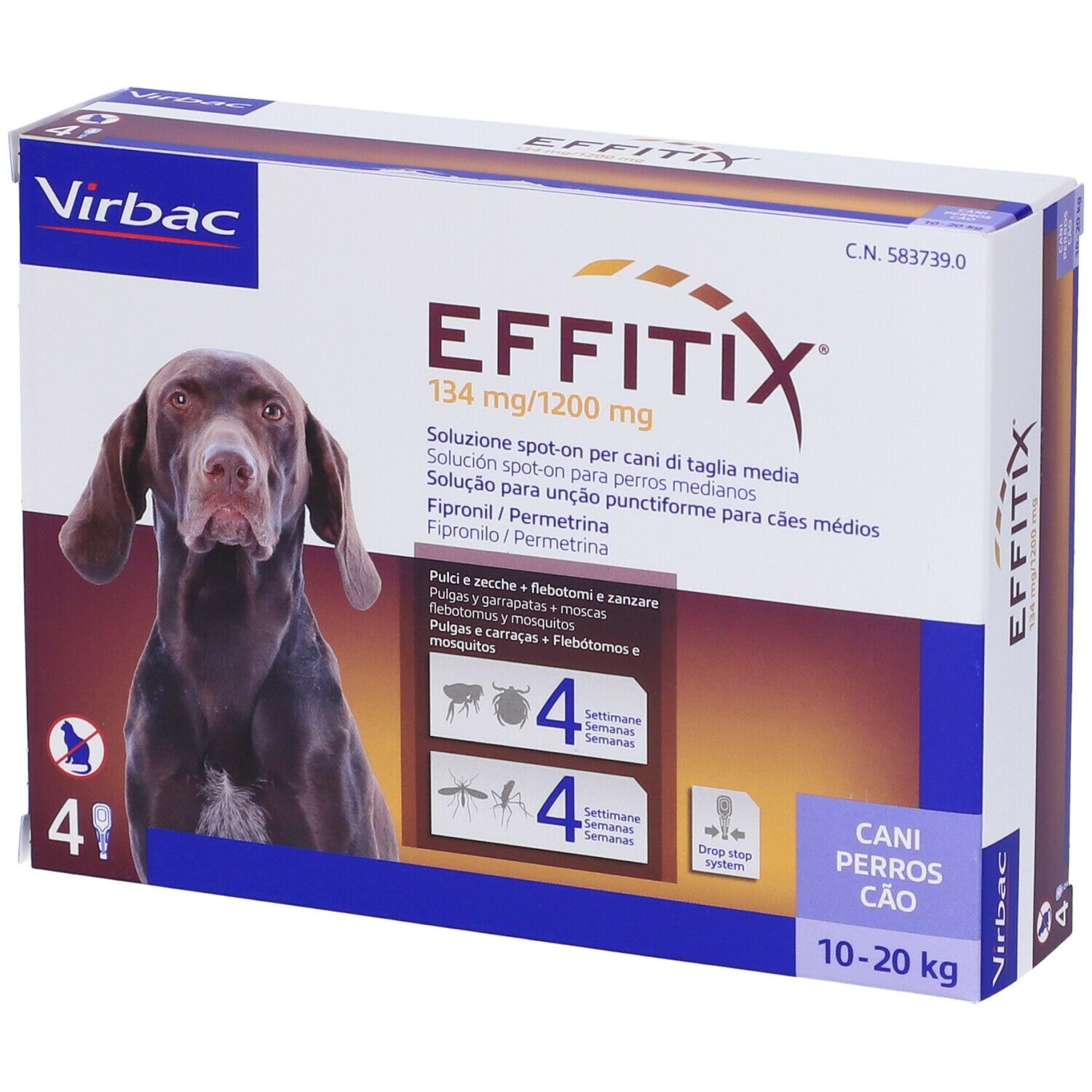 EFFITIX spot-on soluz 4 pipette 2,20 ml 134 mg + 1.200 mg cani da 10 a 20 Kg