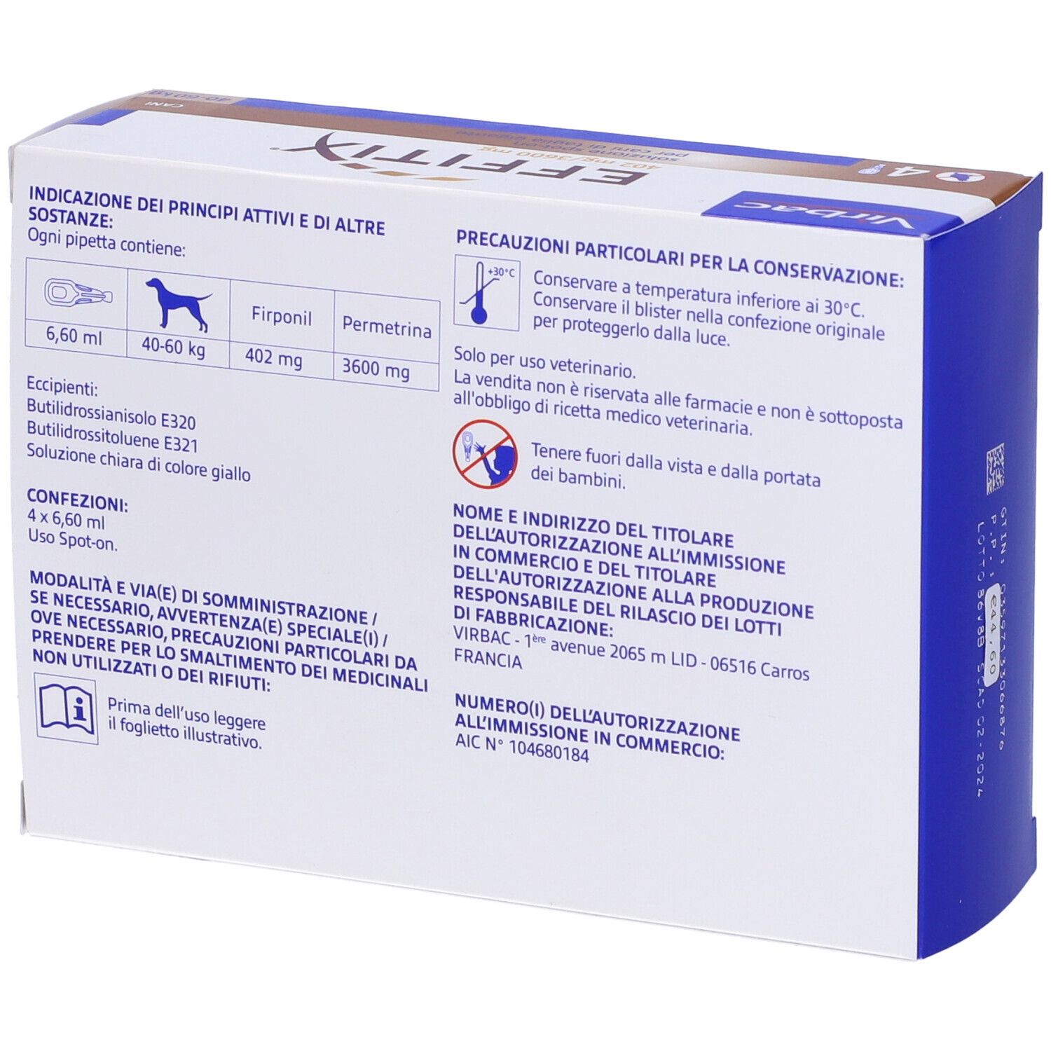 Retro della confezione EFFITIX. Con testo, ingredienti e avvertenze.