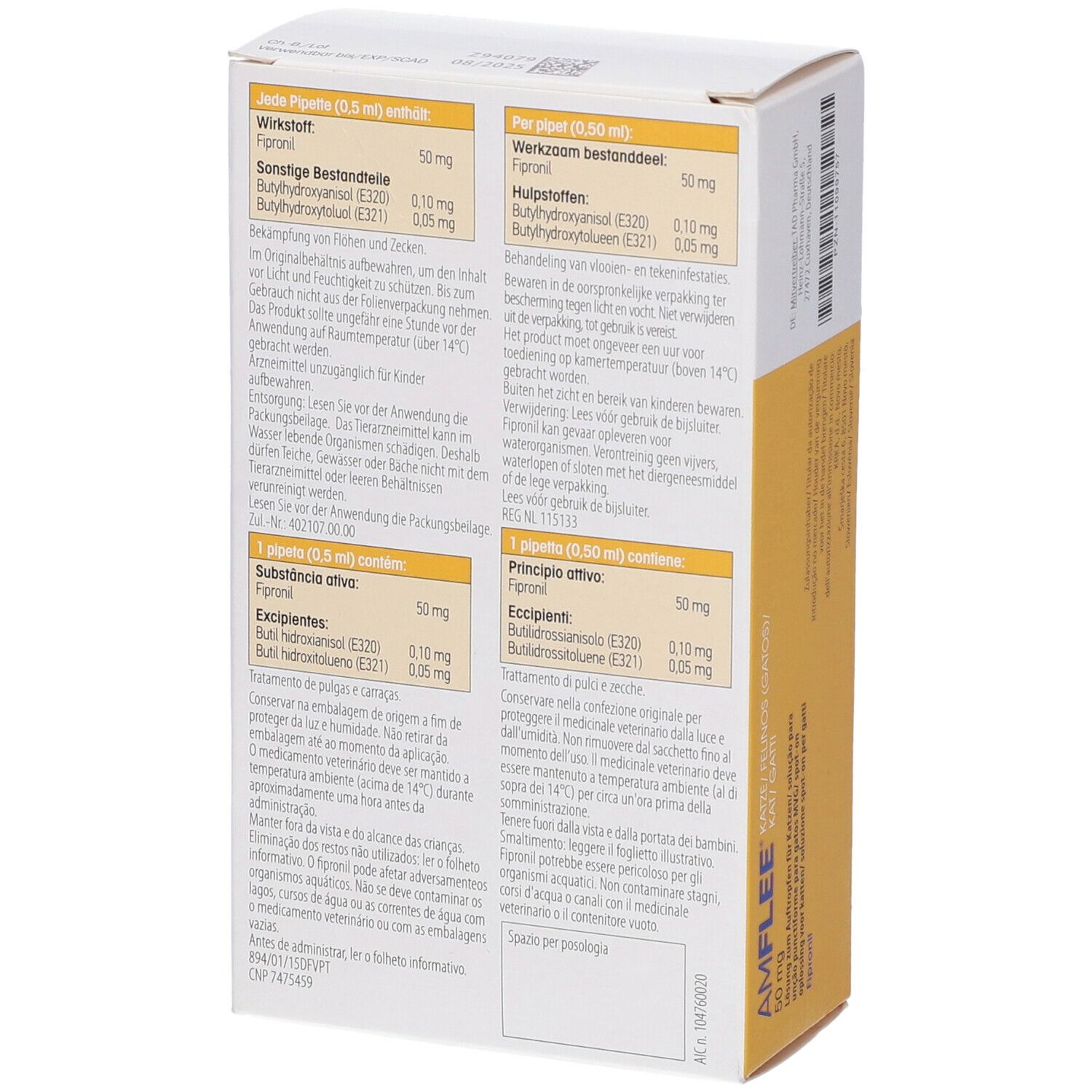 AMFLEE spot-on soluz 3 pipette 0,5 ml 50 mg gatti