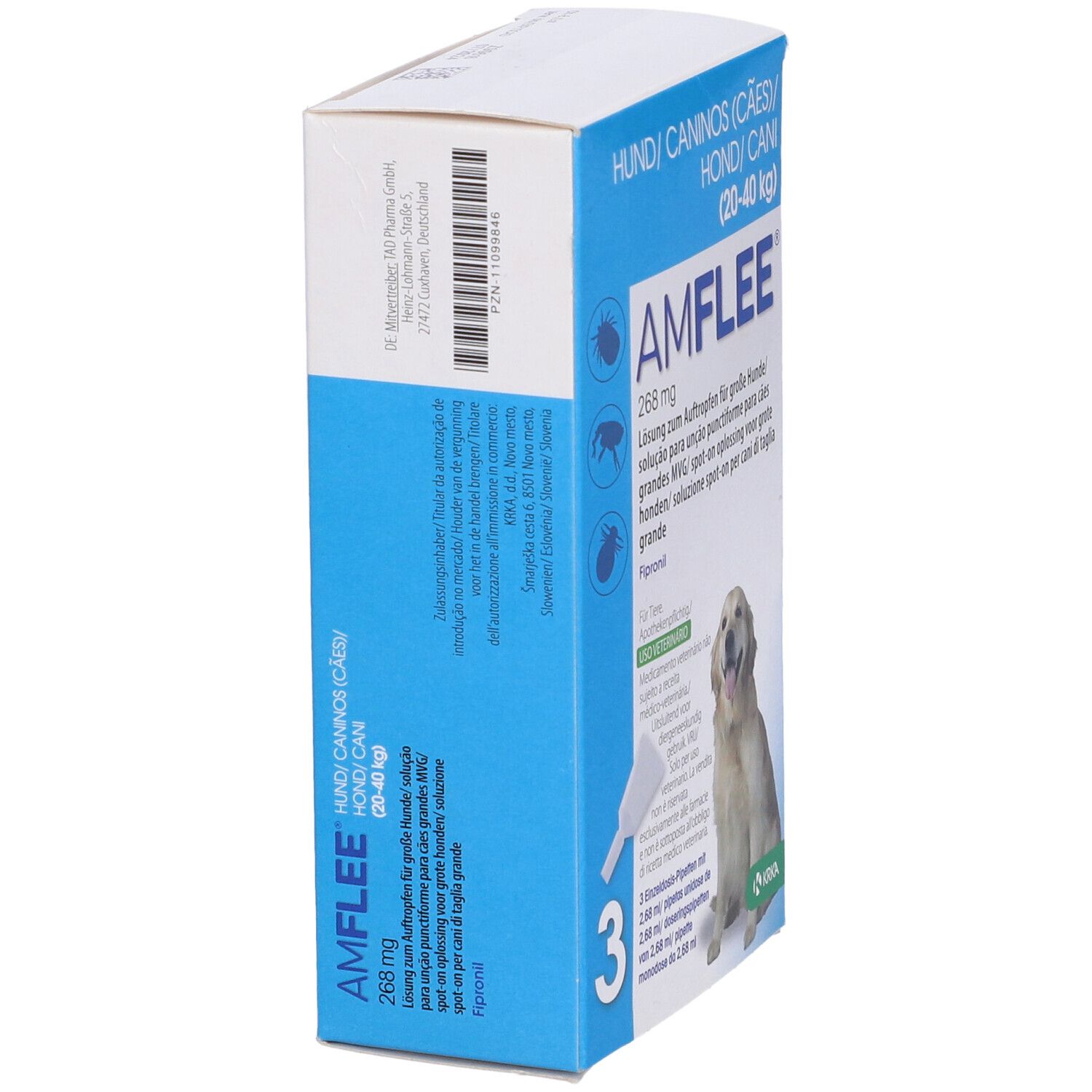 Scatola AMFLEE 268 mg per cani 20-40 kg. Vista laterale. Testo e logo KRKA.