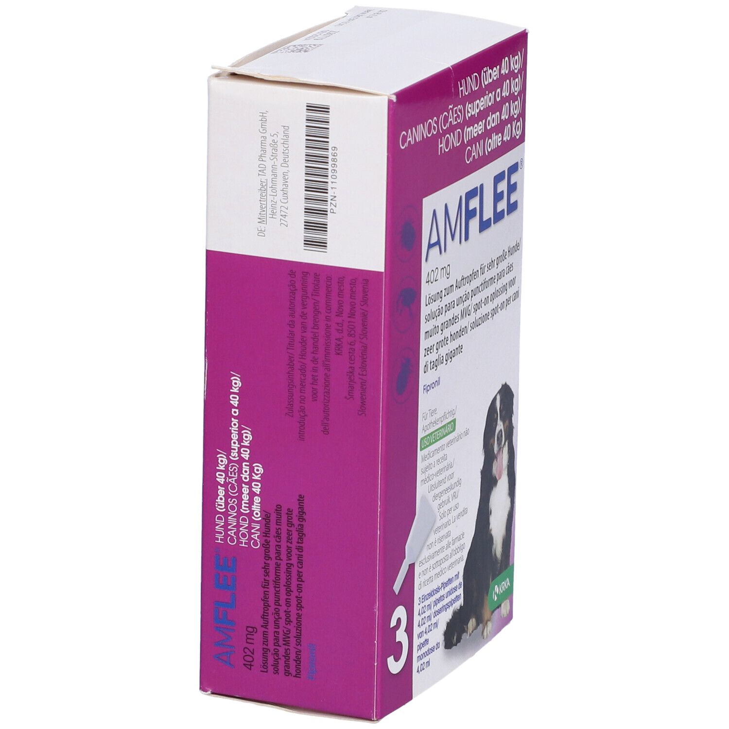 Vista laterale della confezione AMFLEE. Scatola viola e bianca con testo multilingue e immagine di cane.