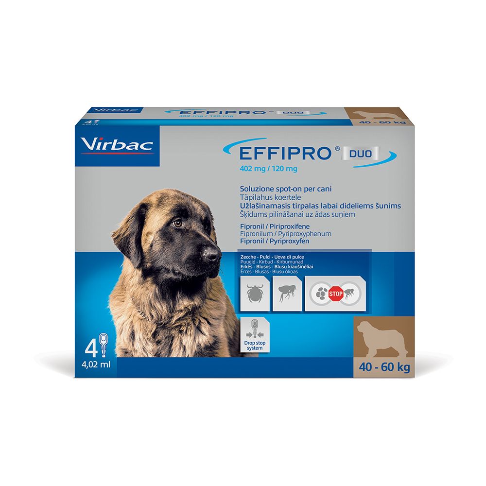 EFFIPRO DUO spot-on soluz 4 pipette 4,02 ml 402 mg + 120,6 mg cani da 40 a 60 Kg