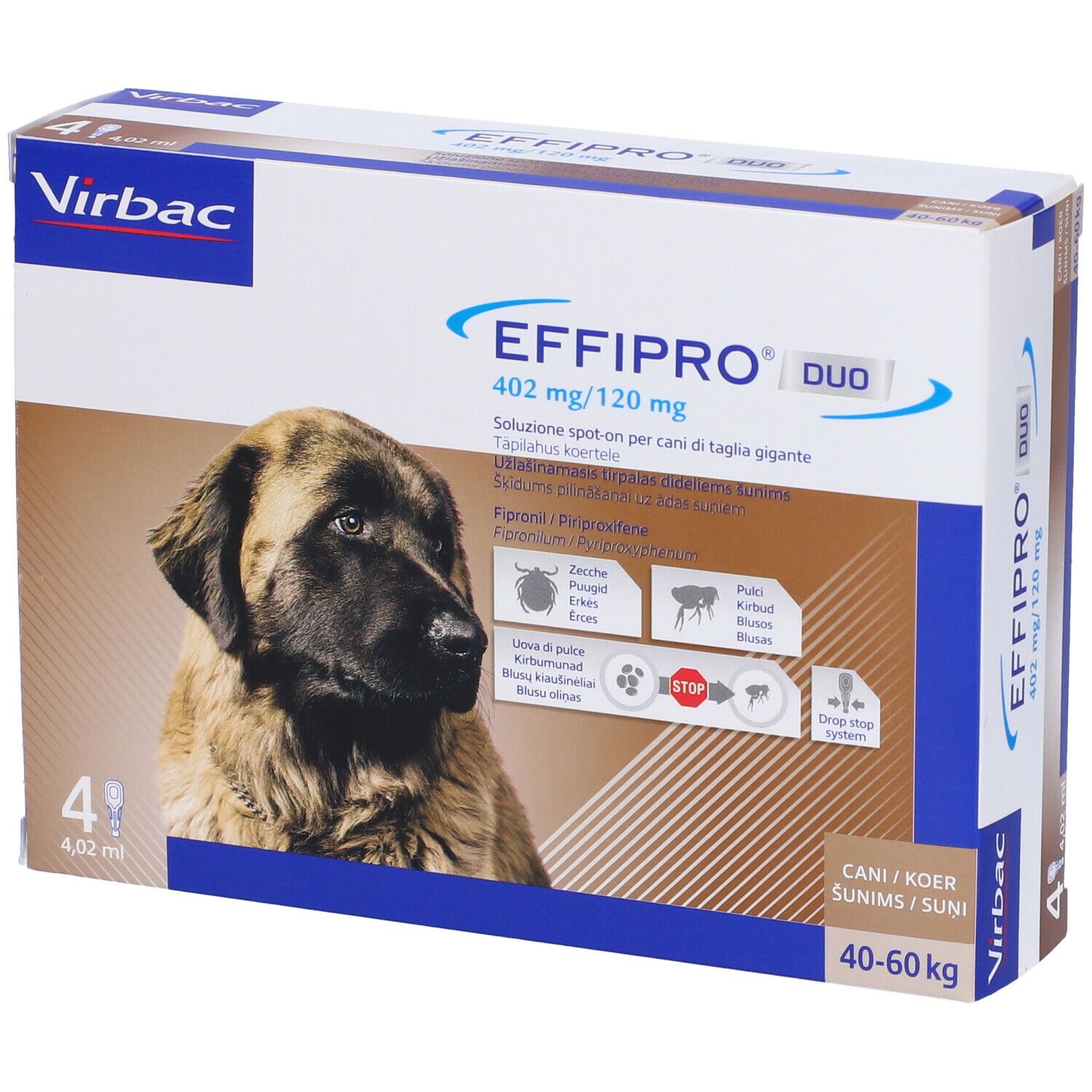 EFFIPRO DUO spot-on soluz 4 pipette 4,02 ml 402 mg + 120,6 mg cani da 40 a 60 Kg