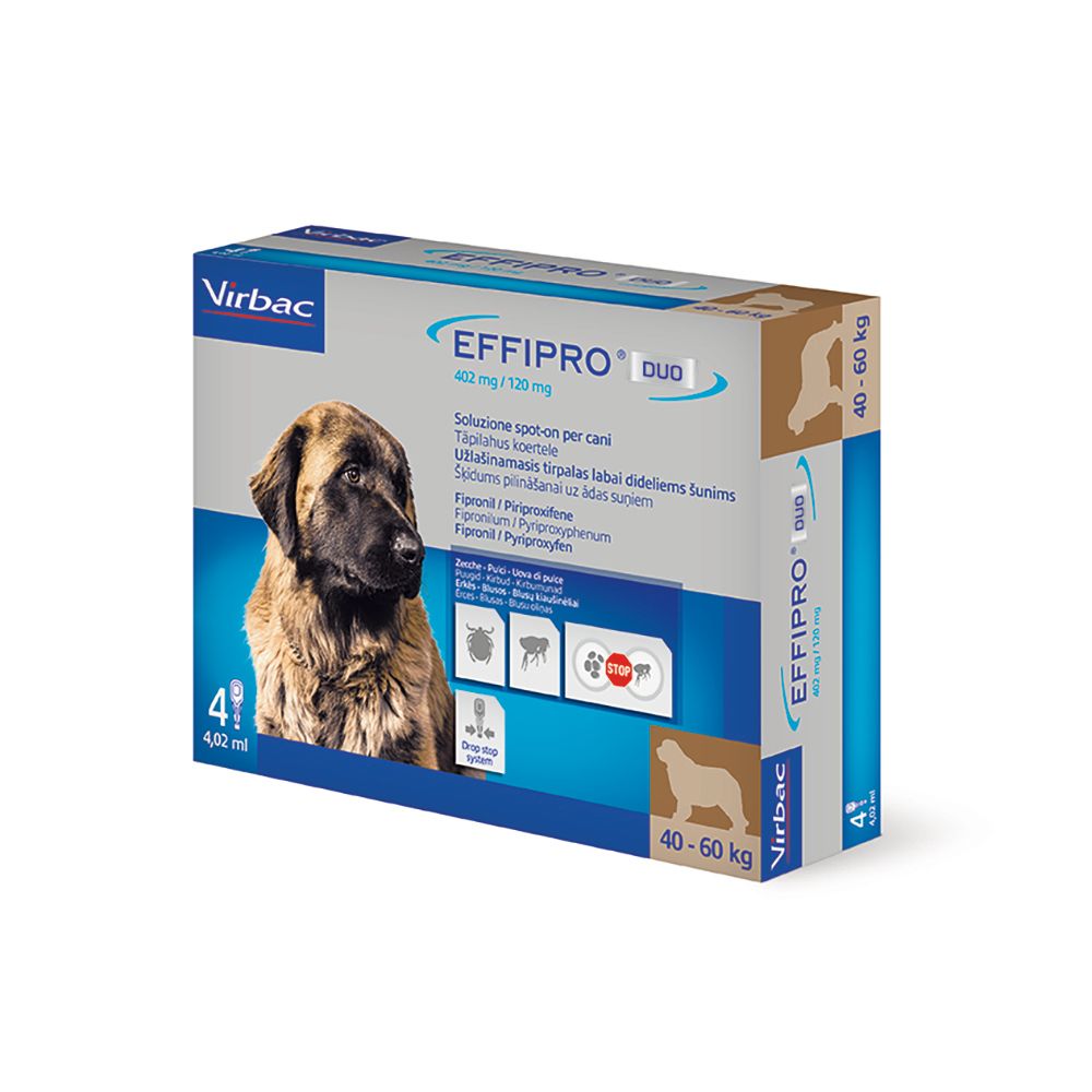 Confezione di EFFIPRO DUO. Contiene 4 pipette per cani 40-60 kg. Contiene Fipronil e Pyriproxifene.