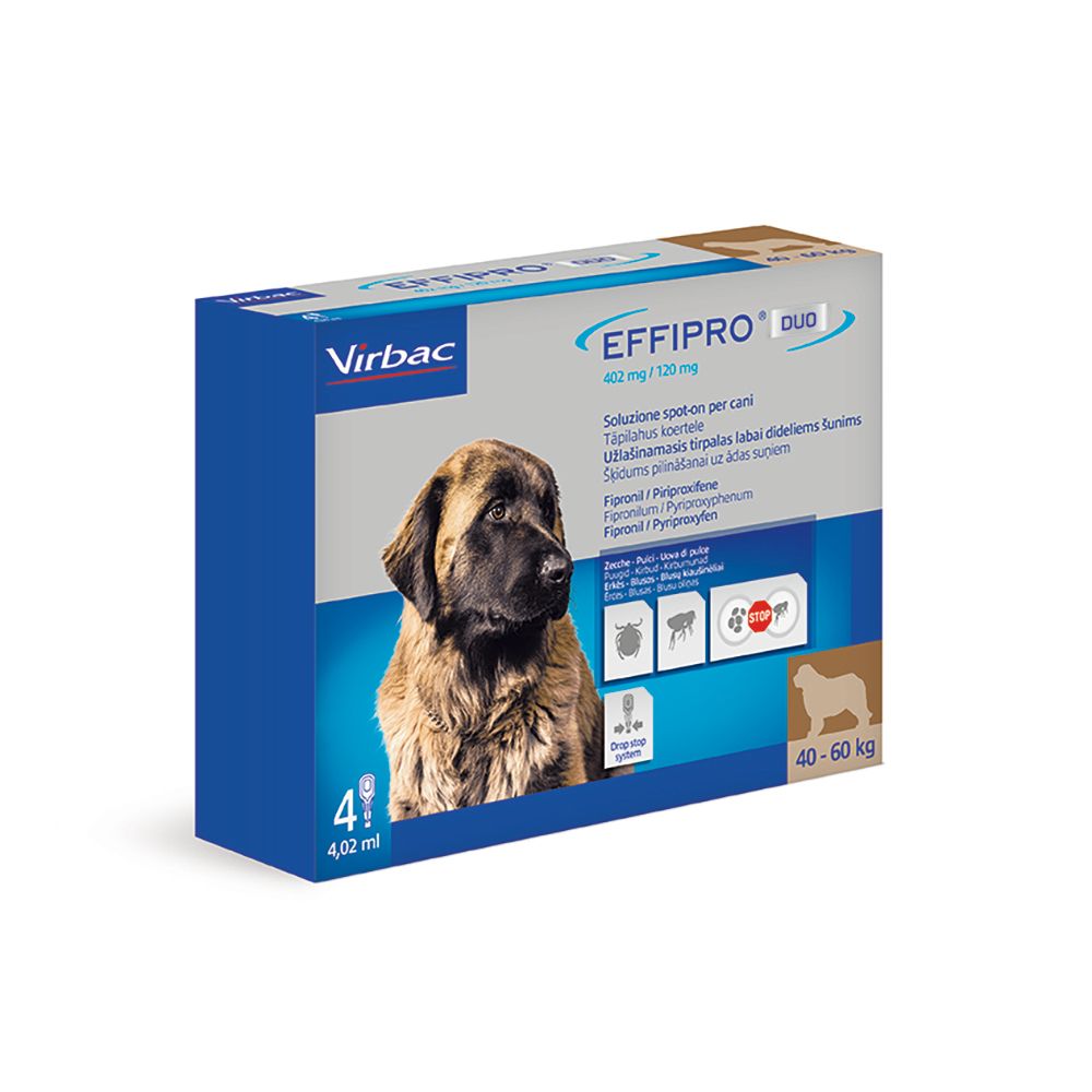 Confezione di EFFIPRO DUO. Contiene 4 pipette per cani 40-60 kg. Contiene Fipronil e Pyriproxifene.