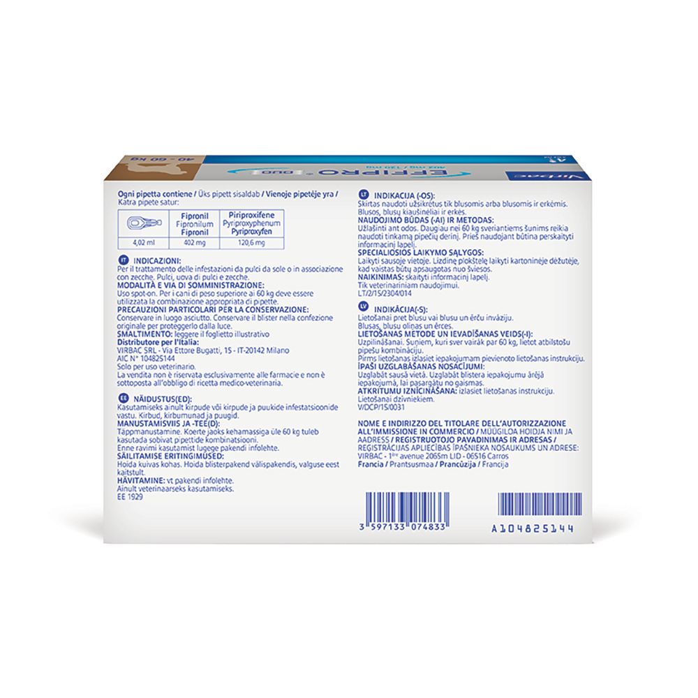 Retro della confezione EFFIPRO DUO. Contiene informazioni su ingredienti, uso e precauzioni.