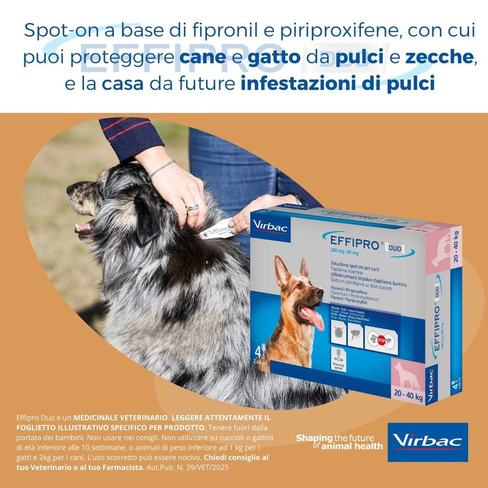 Persona applica EFFIPRO DUO su un cane. La confezione mostra il prodotto e l'applicazione.