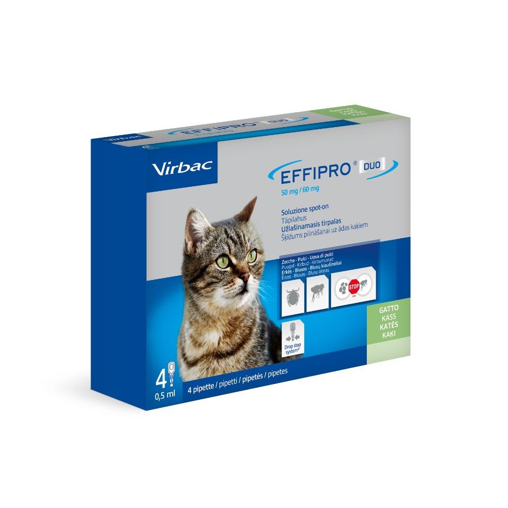 Confezione EFFIPRO DUO. Contiene 4 pipette. Immagine di gatto. Marchio Virbac. Spot-on.