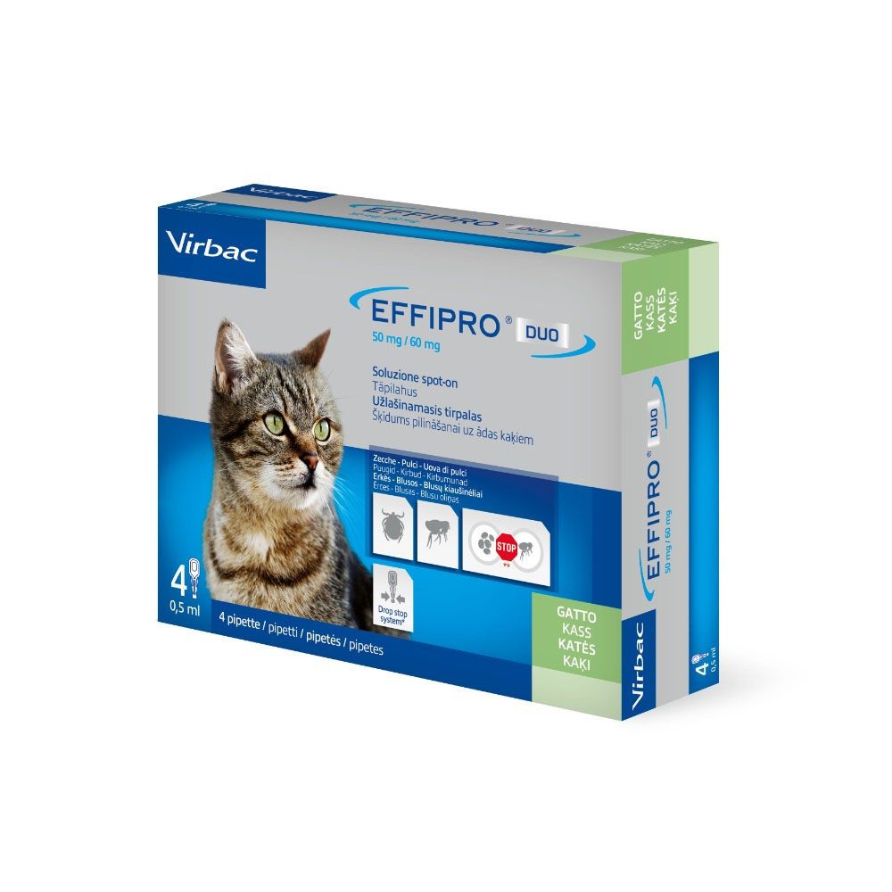 Confezione EFFIPRO DUO. Contiene 4 pipette. Immagine di gatto. Marchio Virbac. Spot-on.