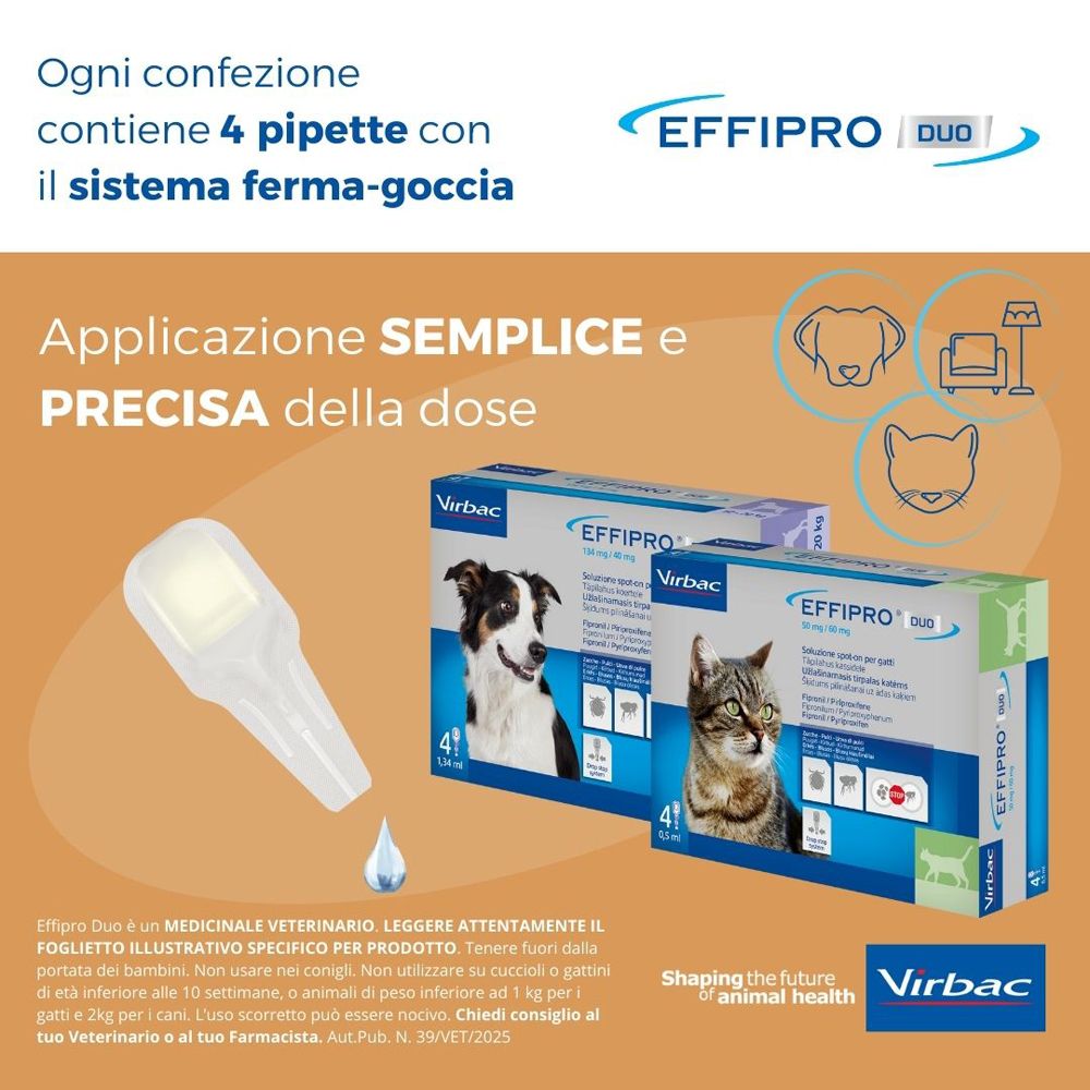 Confezione EFFIPRO DUO. Contiene 4 pipette. Immagine di una pipetta. Marchio Virbac. Applicazione facile.