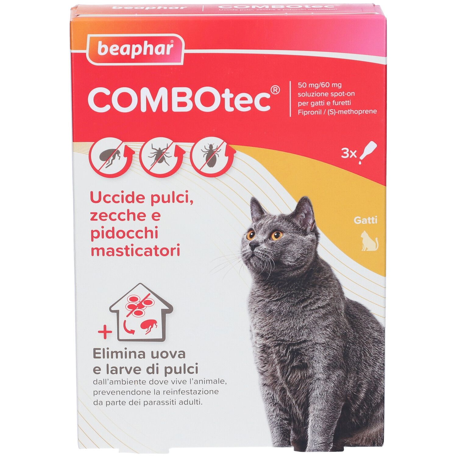Scatola COMBOTEC. Rossa e bianca, con nome prodotto, gatto e icone insetti.