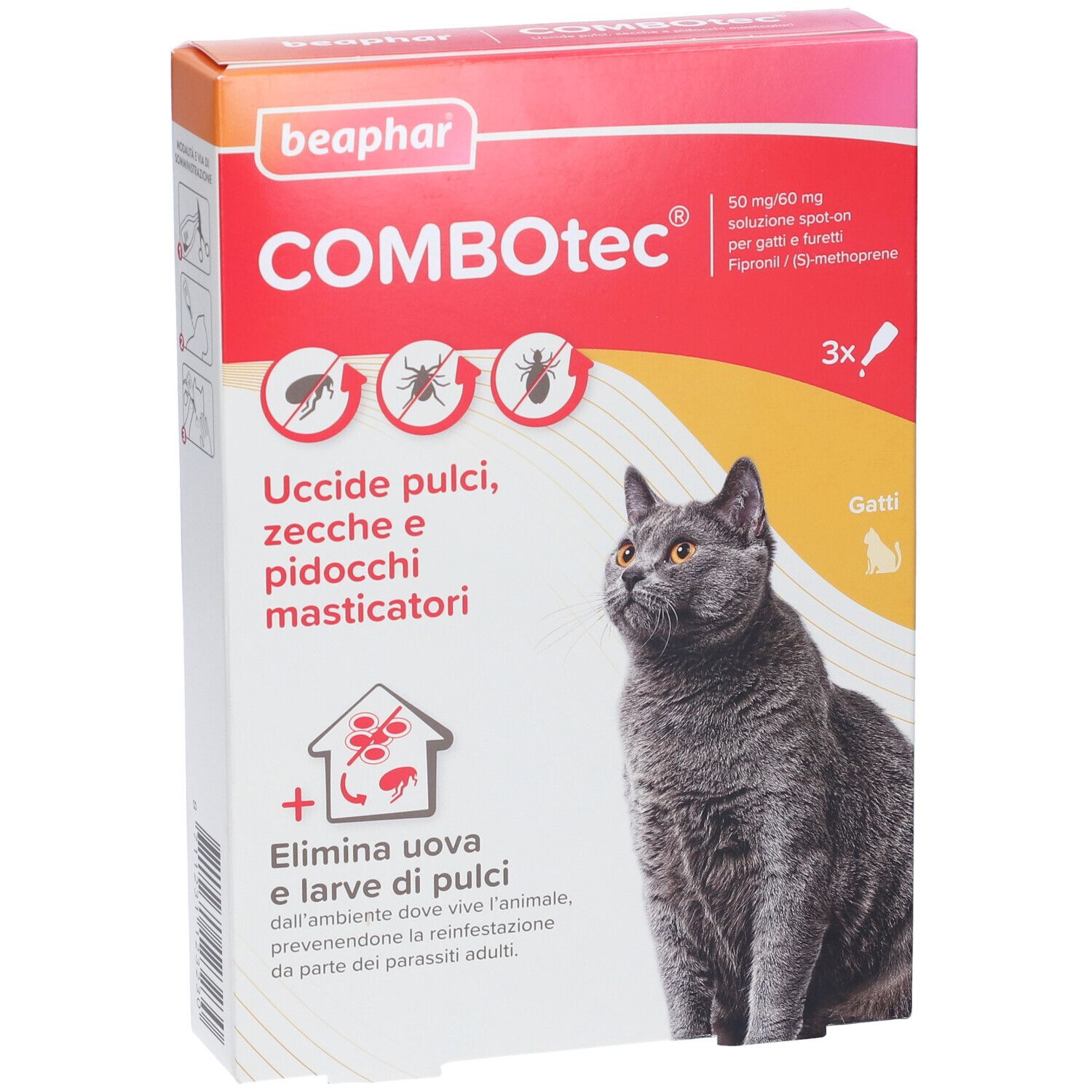 Scatola COMBOTEC. Rossa e bianca, con nome prodotto, gatto e icone insetti.