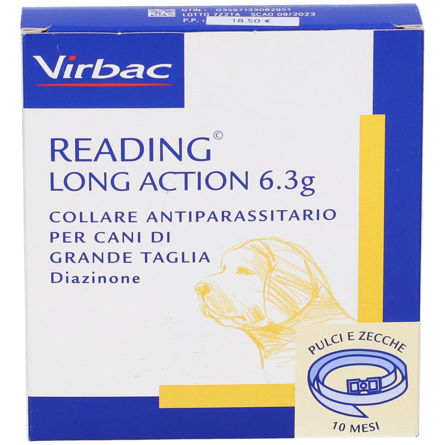 Confezione READING LONG ACTION 6,3g, collare antiparassitario per cani di taglia grande. Marca Virbac.