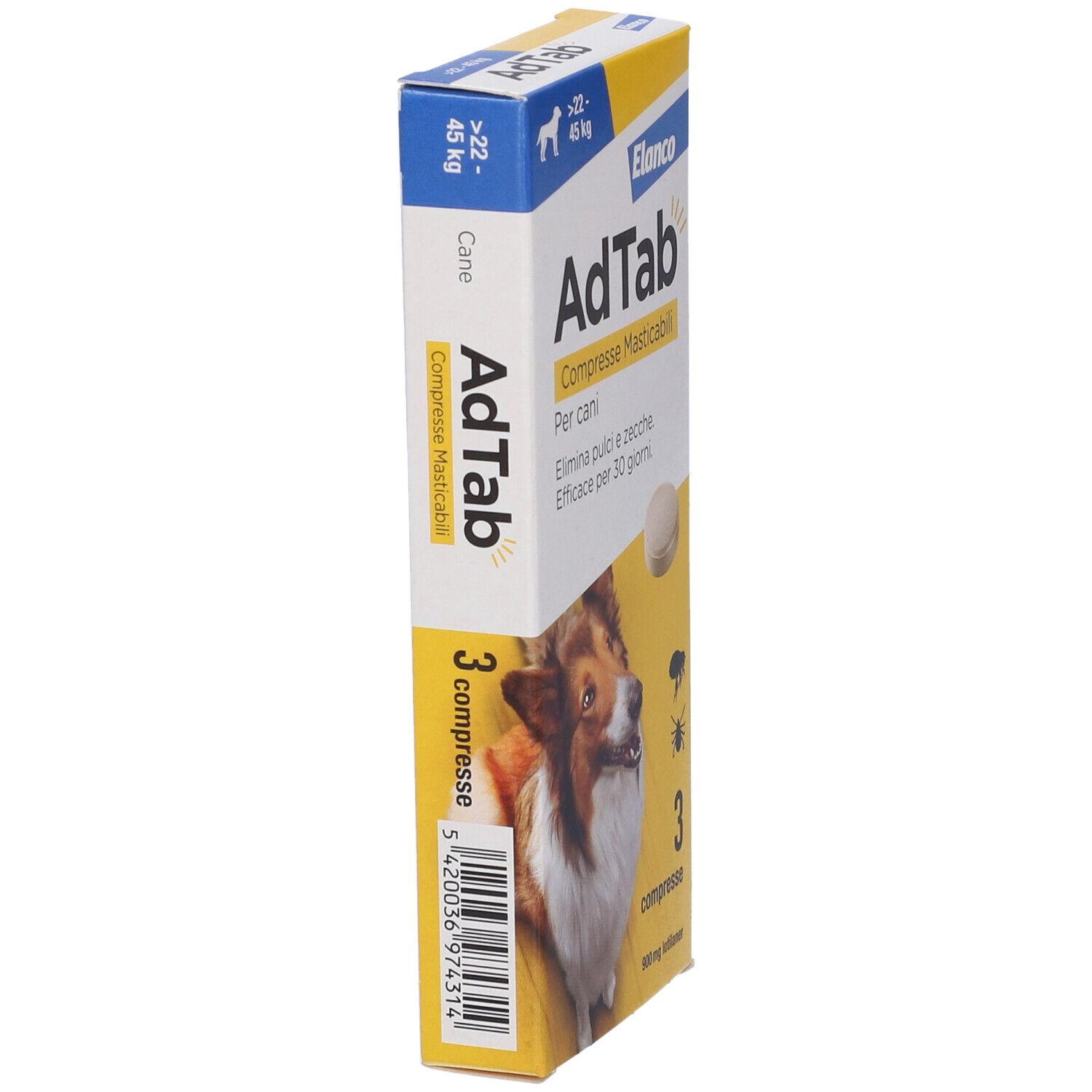 Scatola di compresse AdTab per cani, vista laterale. Contiene 3 compresse. Codice a barre e informazioni sul prodotto.