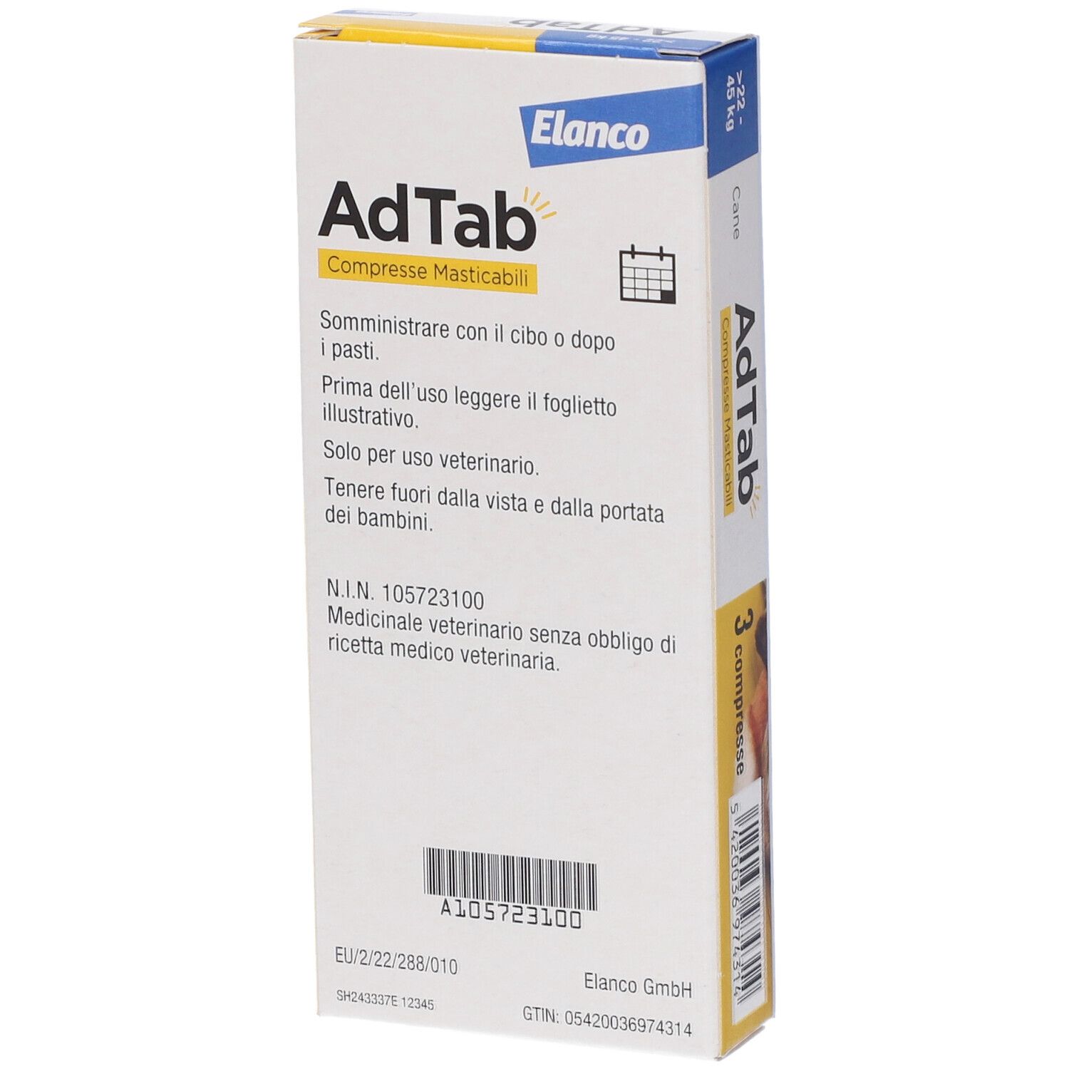 Retro della scatola di compresse AdTab. Contiene informazioni sul prodotto e istruzioni per l'uso.