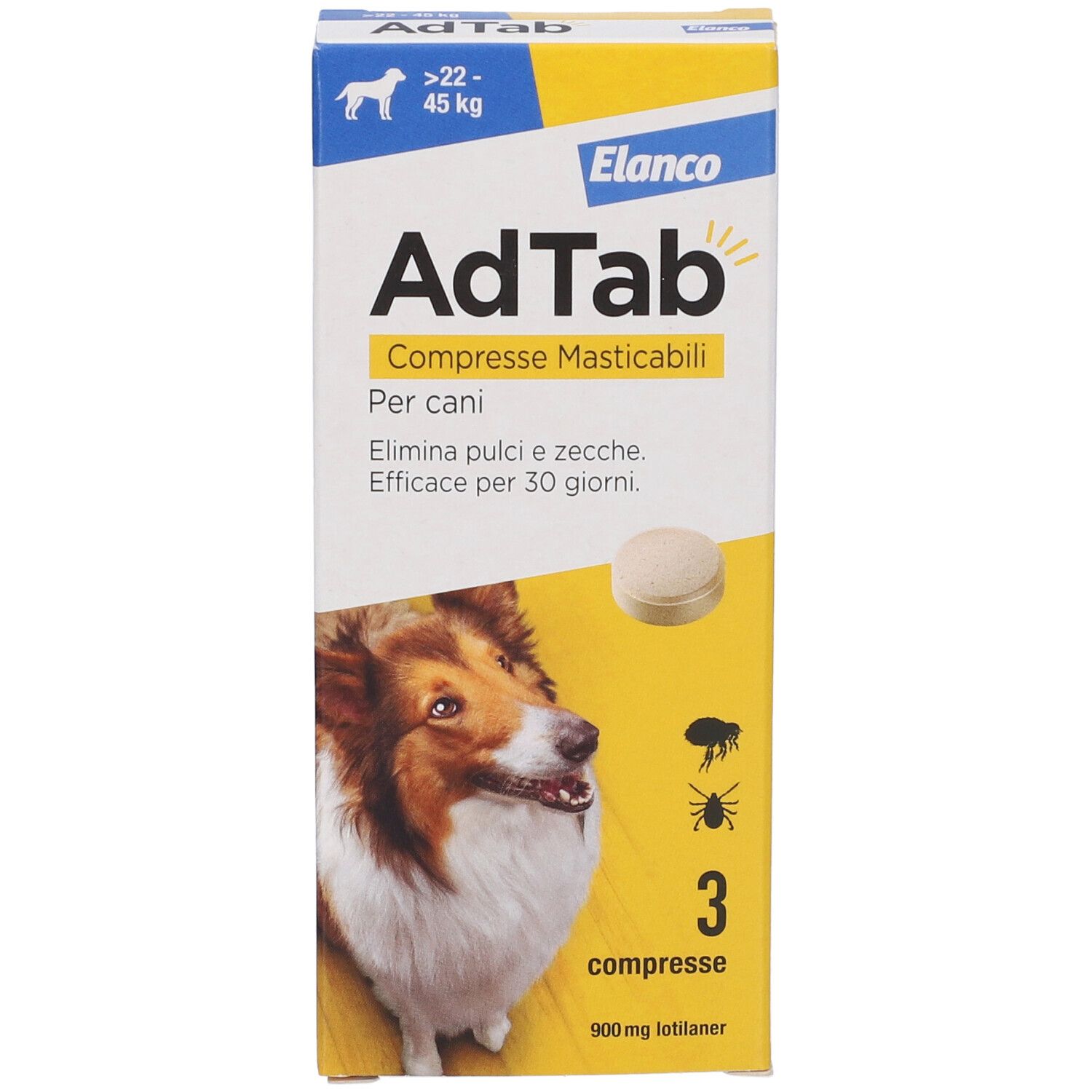 Scatola di compresse AdTab per cani. Contiene 3 compresse. Scritto: Elimina pulci e zecche. Efficace per 30 giorni.