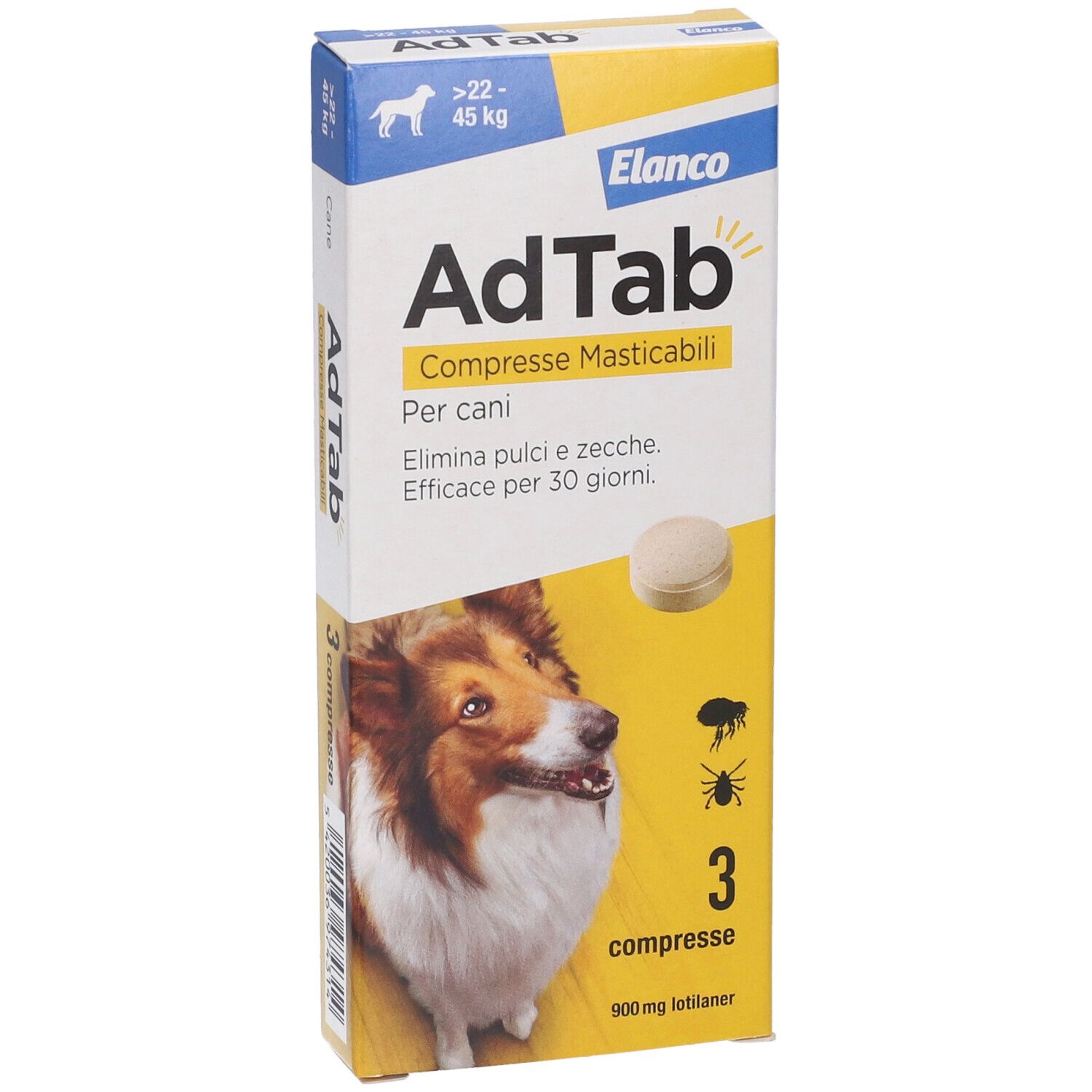 Scatola di compresse AdTab per cani. Contiene 3 compresse. Scritto: Elimina pulci e zecche. Efficace per 30 giorni.