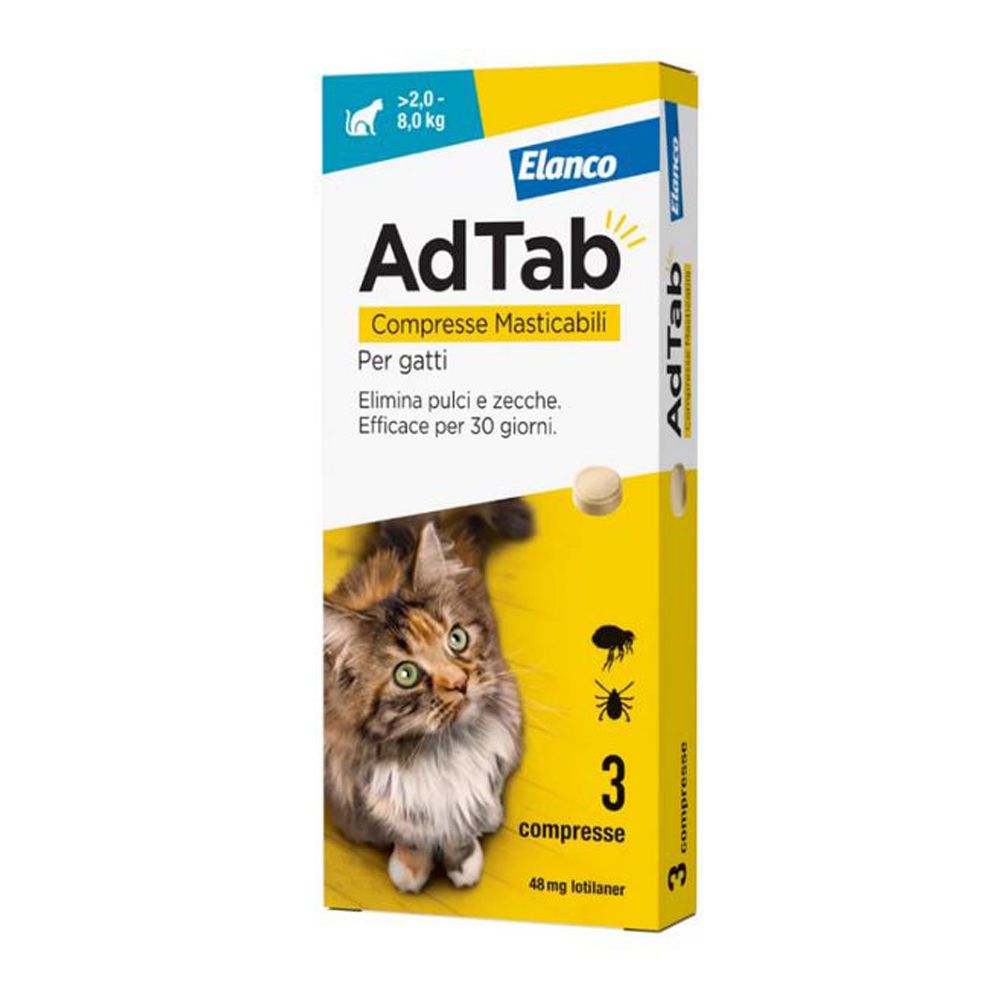 Confezione di AdTab Compresse Masticabili per gatti. Contiene 3 compresse. Scritto: Elimina pulci e zecche. Efficace per 30 giorni.