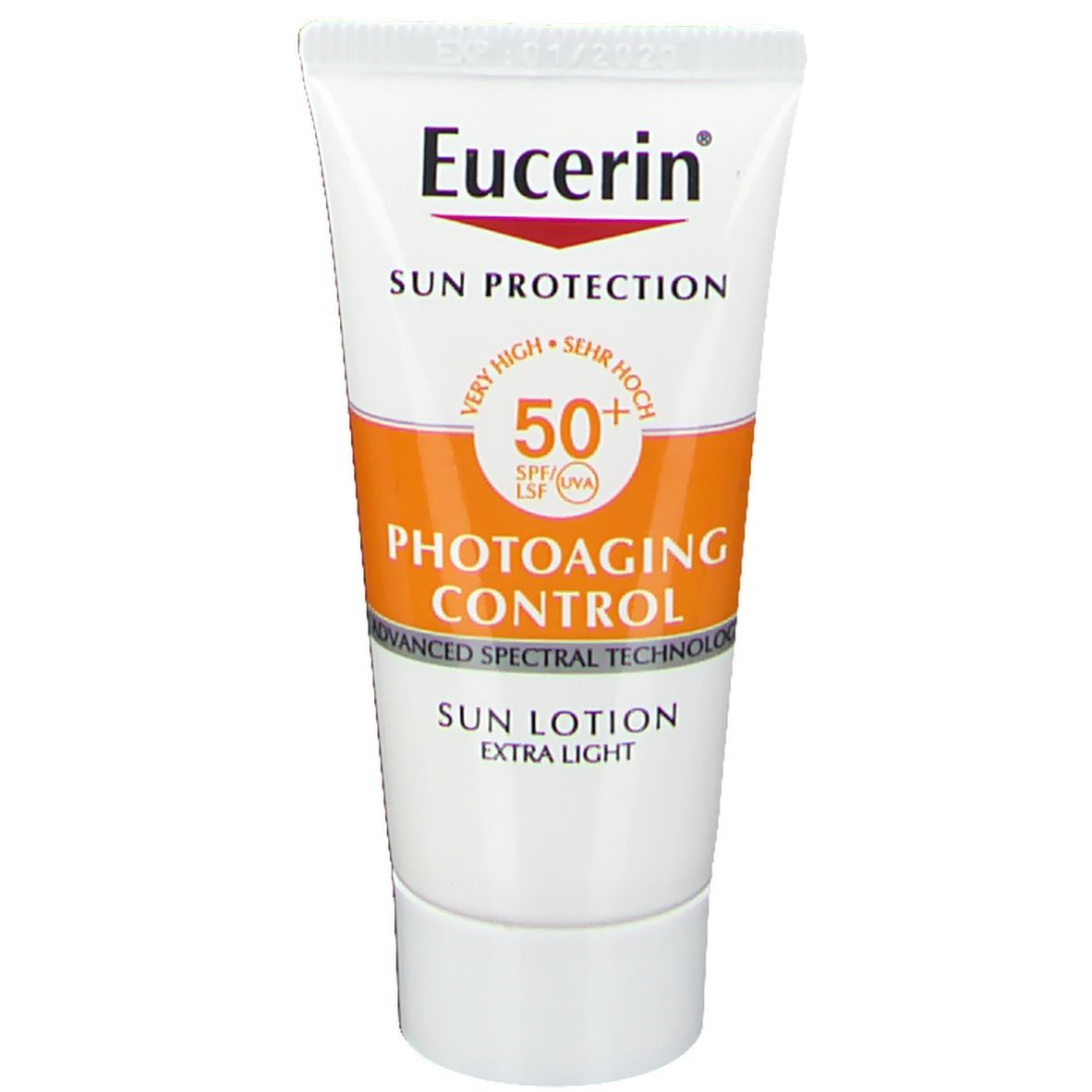 Tubo bianco con fascia arancione. Eucerin Sun Protection, protezione solare 50+. Photoaging Control.